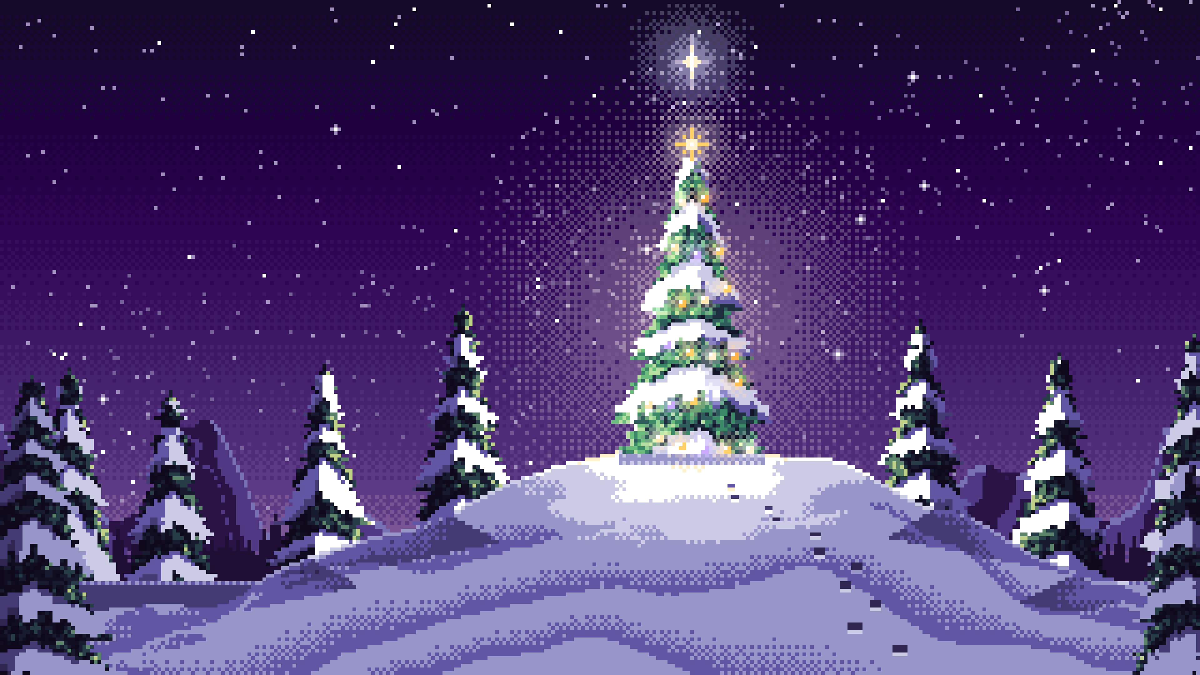 Dark Purple Pixel Art Christmas Tree on a Snowy Hilltop desktop wallpaper in 4K