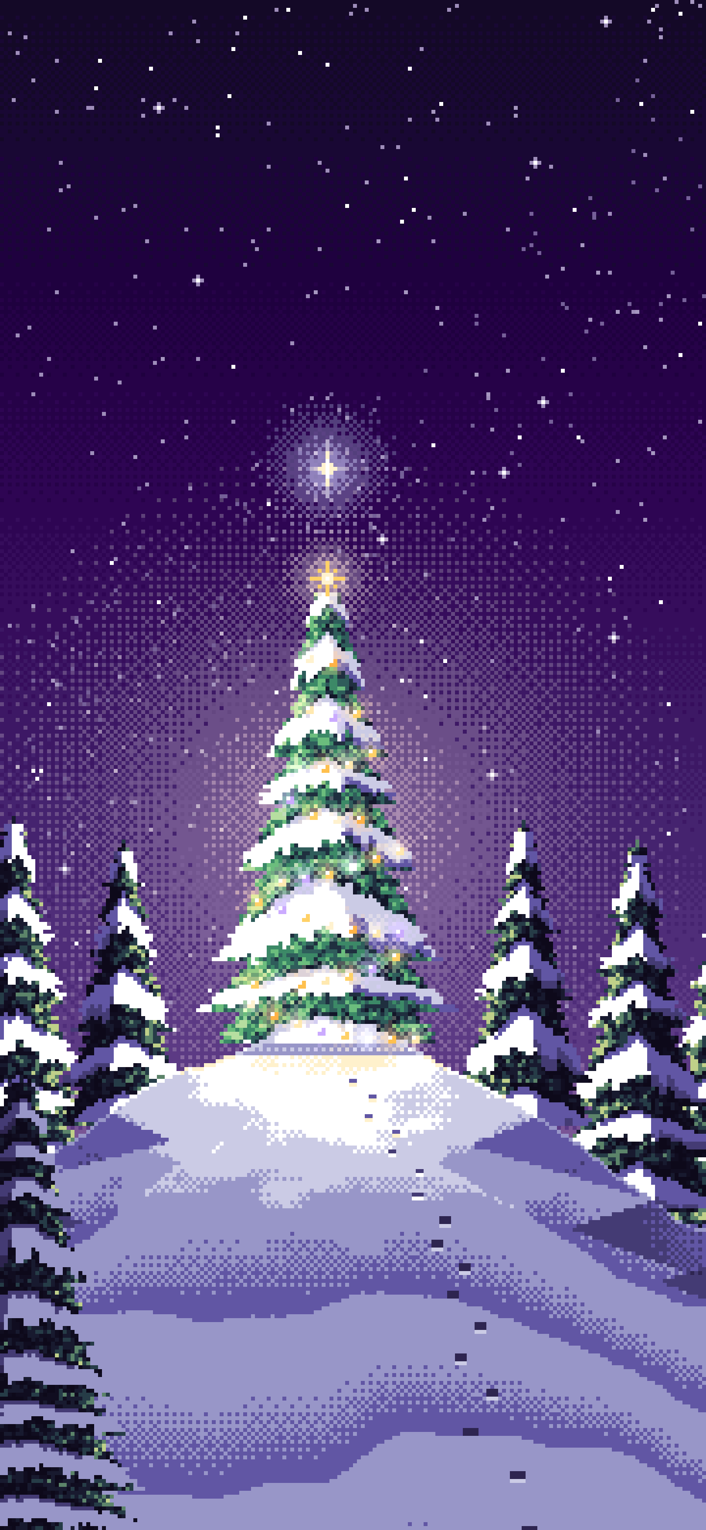 Dark Purple Pixel Art Christmas Tree on a Snowy Hilltop wallpaper for iPhone and Android