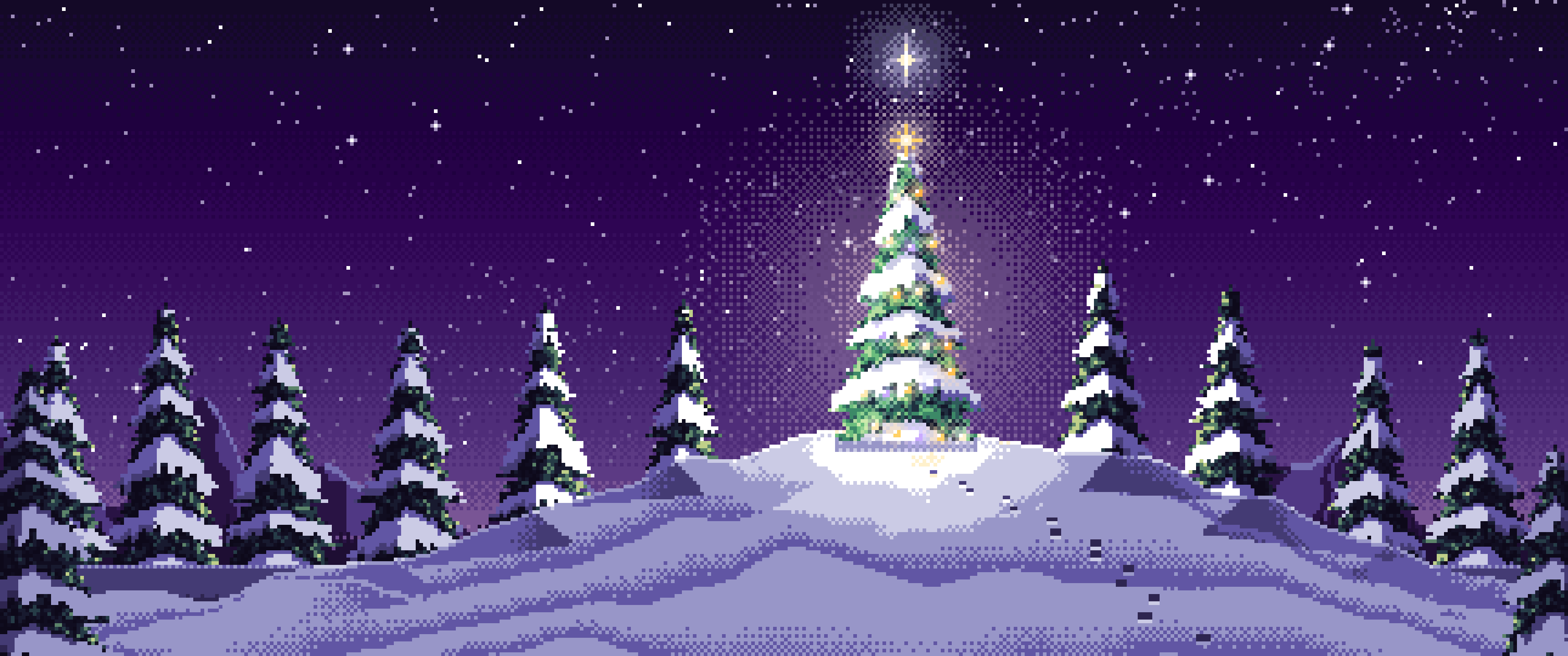 Dark Purple Pixel Art Christmas Tree on a Snowy Hilltop ultrawide wallpaper, 3440 × 1440