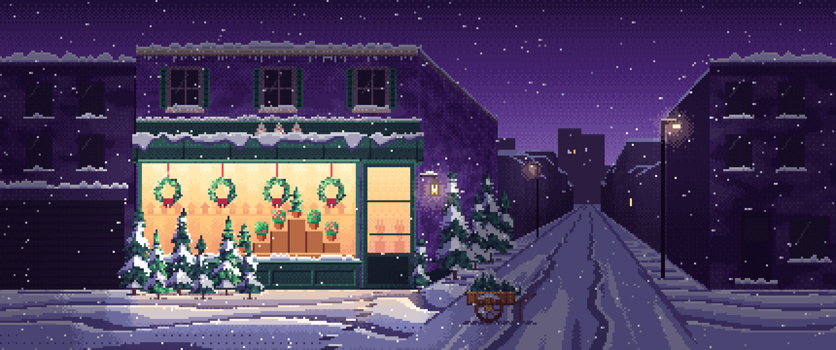 Dark Purple Pixel Art Christmas Tree Shop ultrawide wallpaper, 3440 × 1440