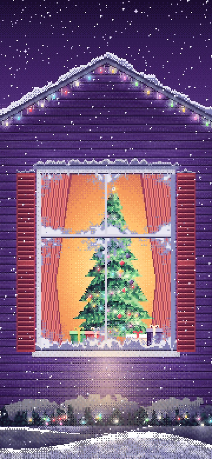 Dark Purple Pixel Art Christmas Tree Through a Frosted Window wallpaper for iPhone and Android