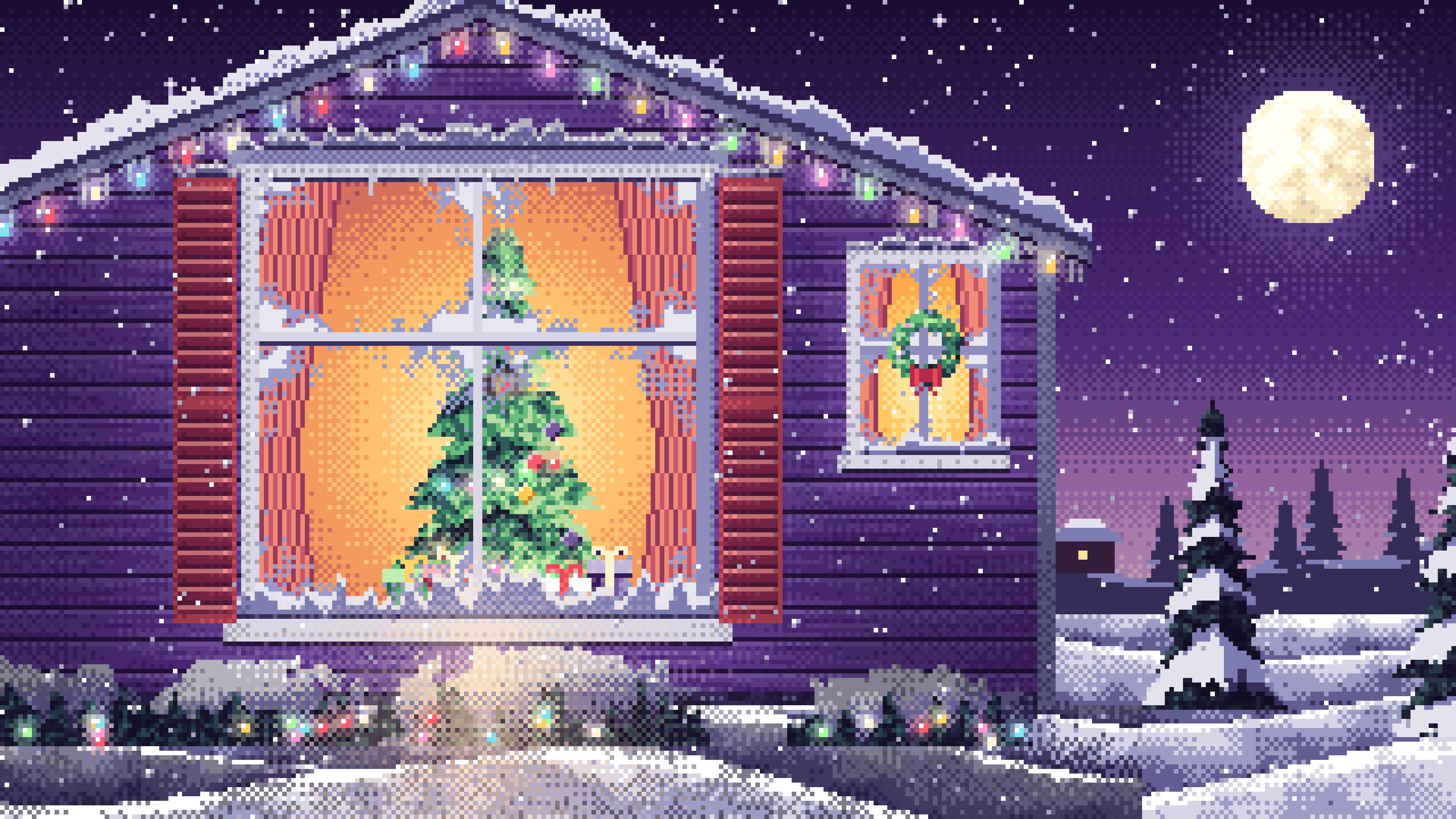 Dark Purple Pixel Art Christmas Tree Through a Frosted Window desktop wallpaper in 4K