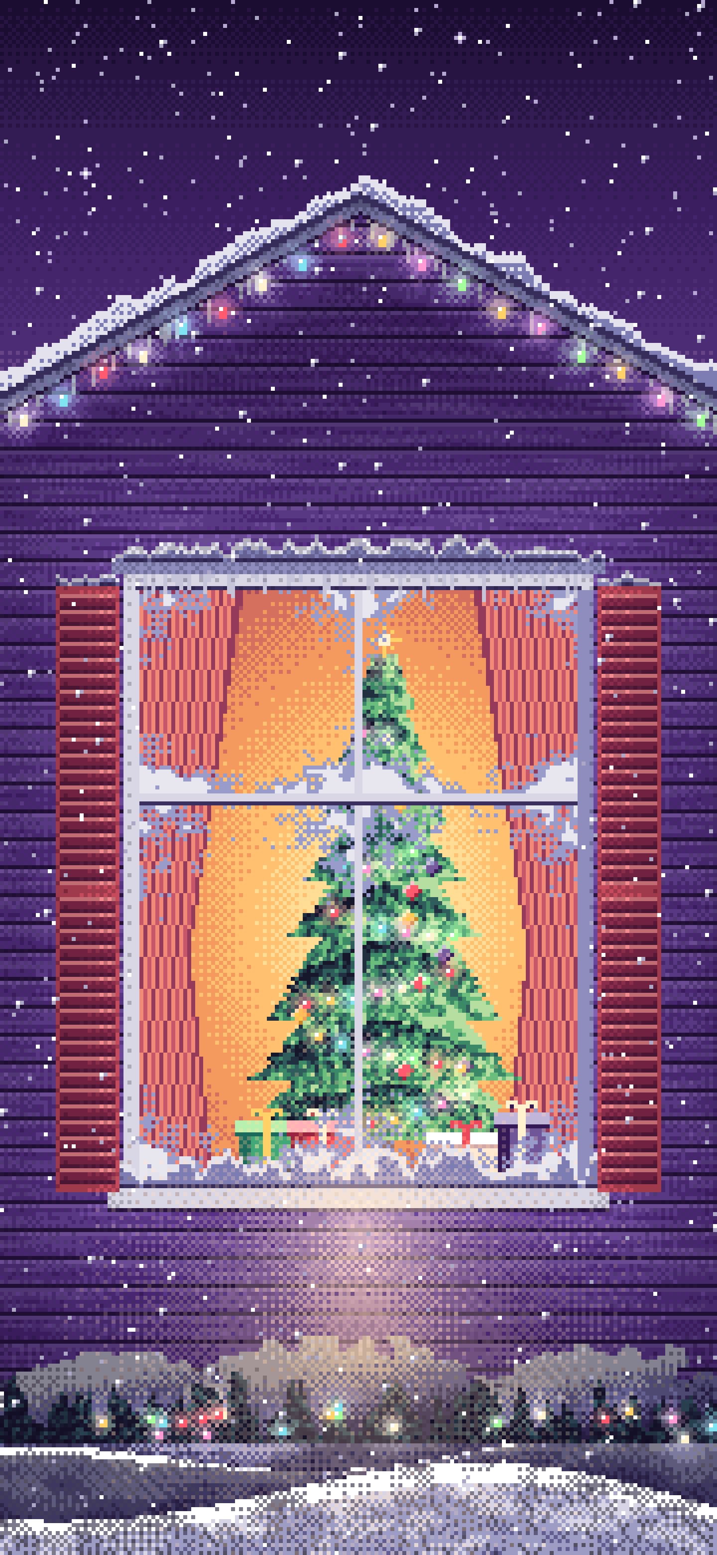 Dark Purple Pixel Art Christmas Tree Through a Frosted Window wallpaper for iPhone and Android