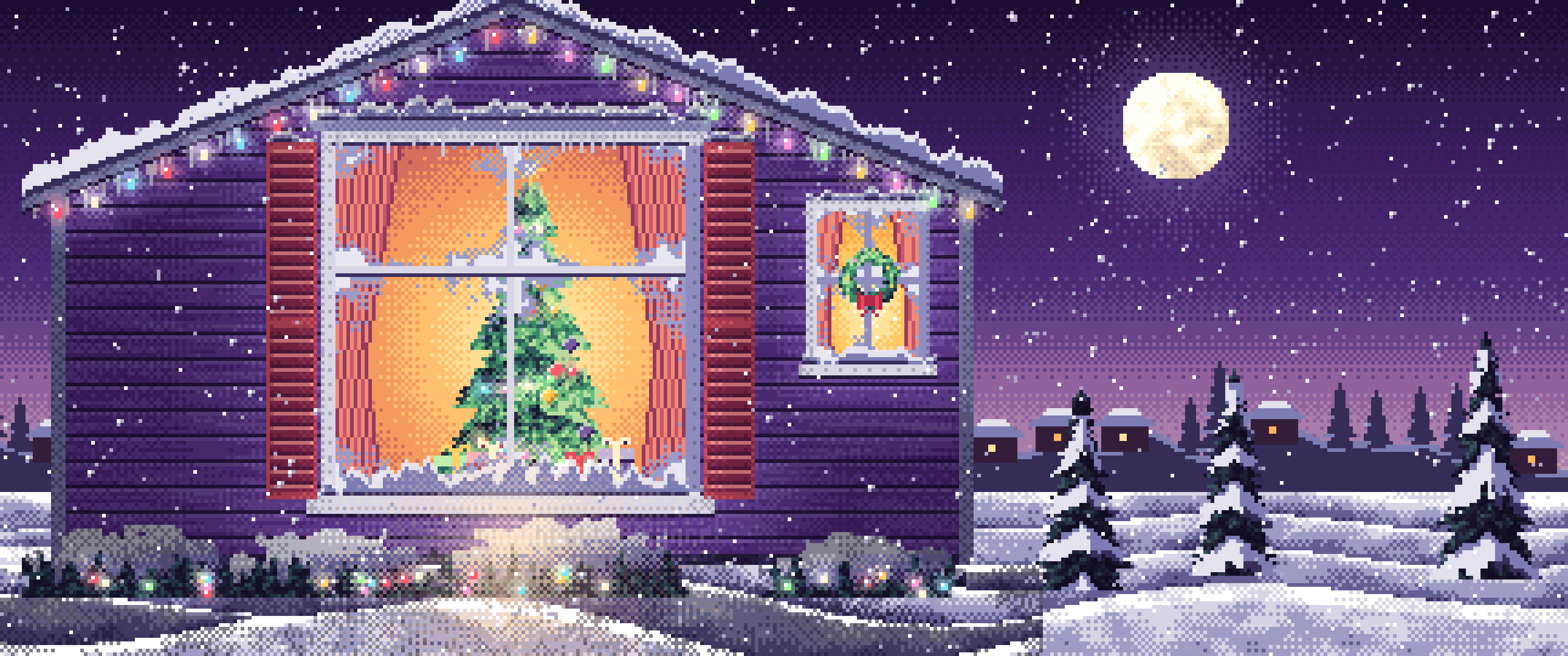 Dark Purple Pixel Art Christmas Tree Through a Frosted Window ultrawide wallpaper, 3440 × 1440