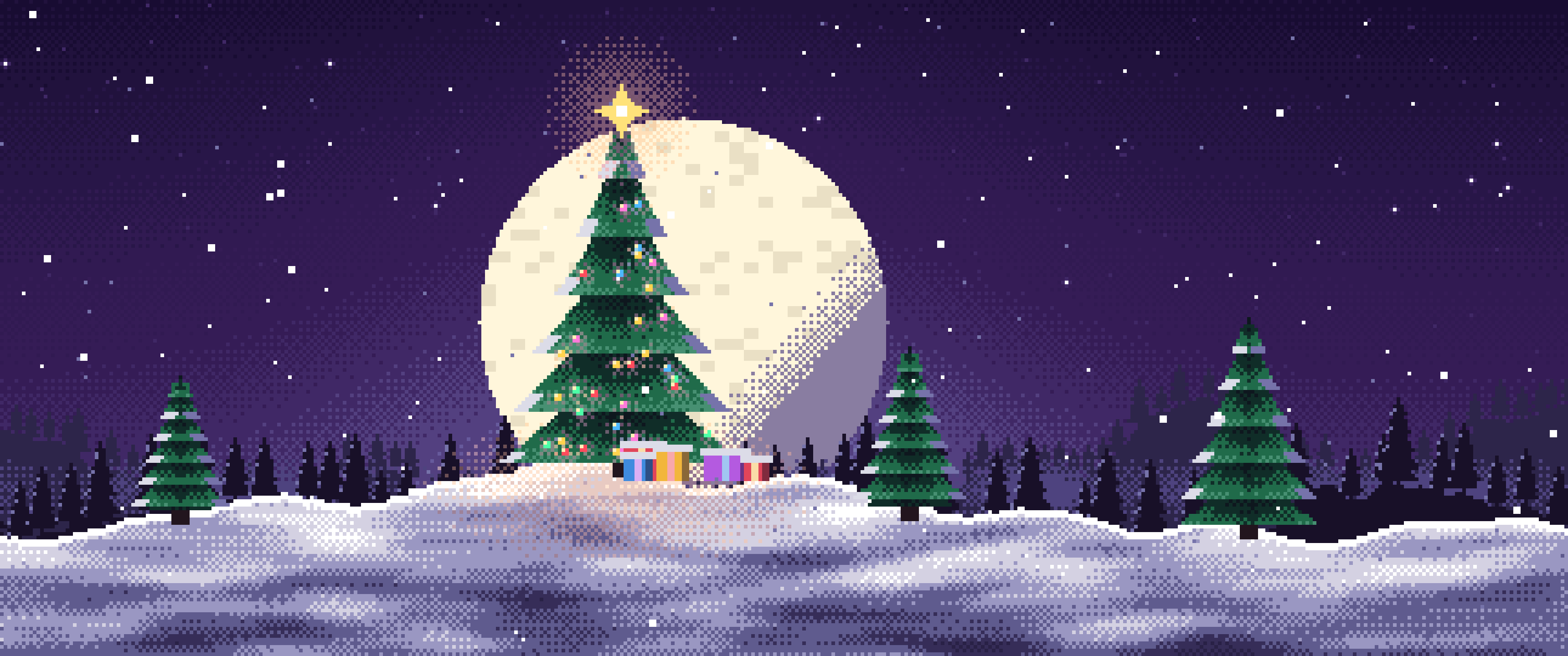 Dark Purple Pixel Art Christmas Tree ultrawide wallpaper, 3440 × 1440