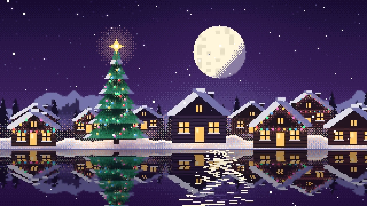 Dark Purple Pixel Art Christmas Village desktop wallpaper in 4K