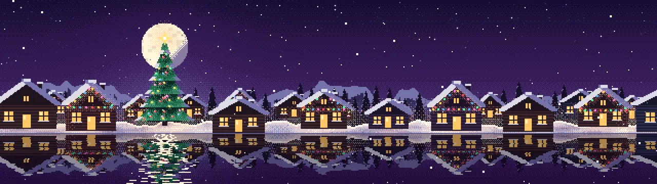 Dark Purple Pixel Art Christmas Village dual monitor wallpaper, 7680 × 2160
