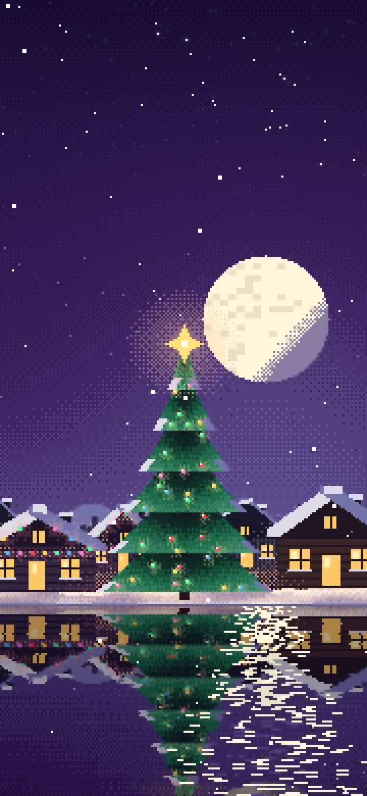 Dark Purple Pixel Art Christmas Village wallpaper for iPhone and Android