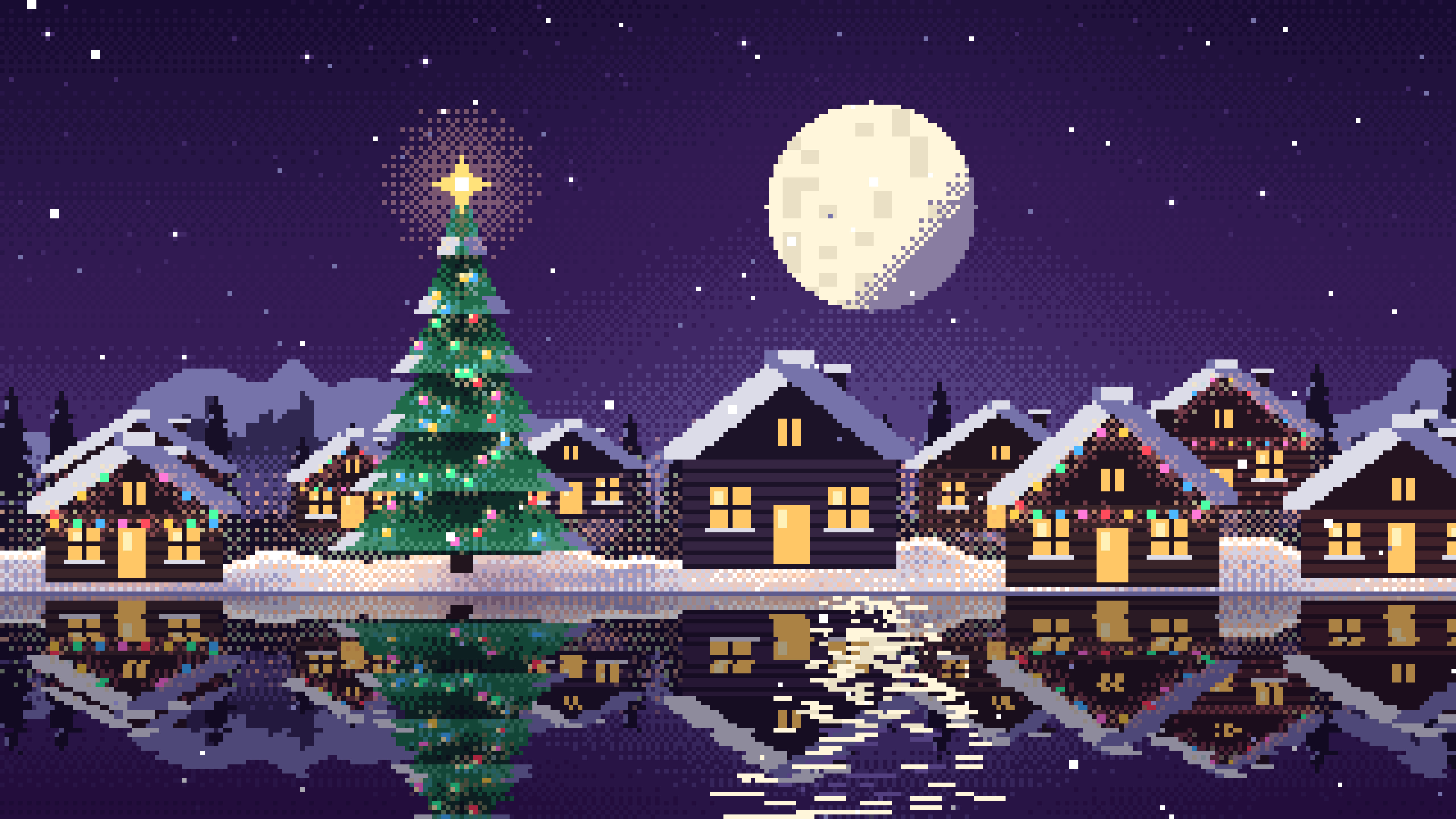 Dark Purple Pixel Art Christmas Village desktop wallpaper in 4K