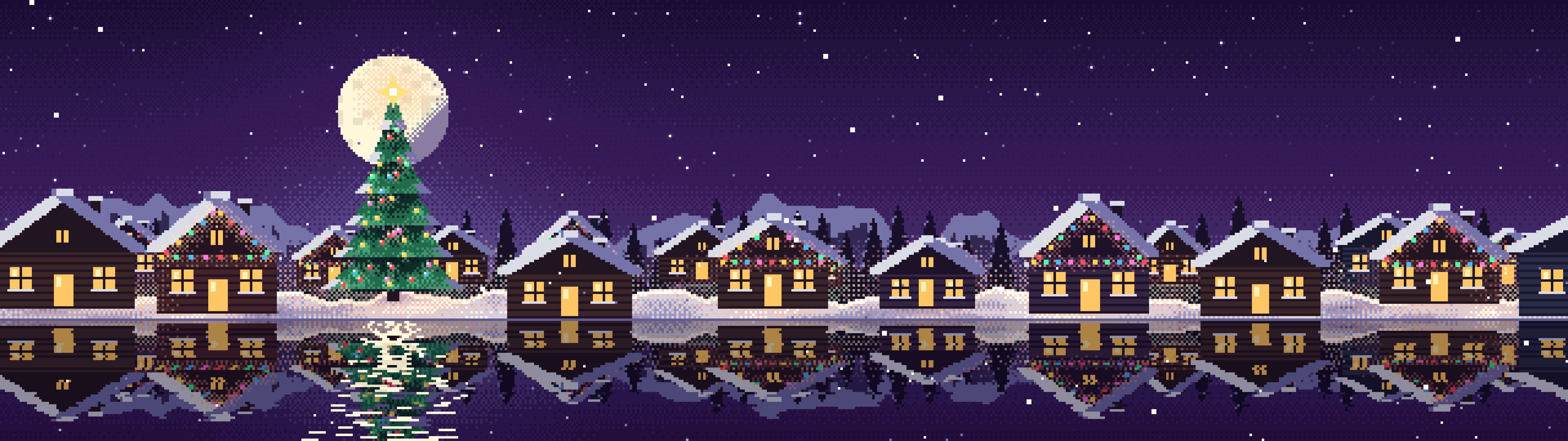Dark Purple Pixel Art Christmas Village dual monitor wallpaper, 7680 × 2160