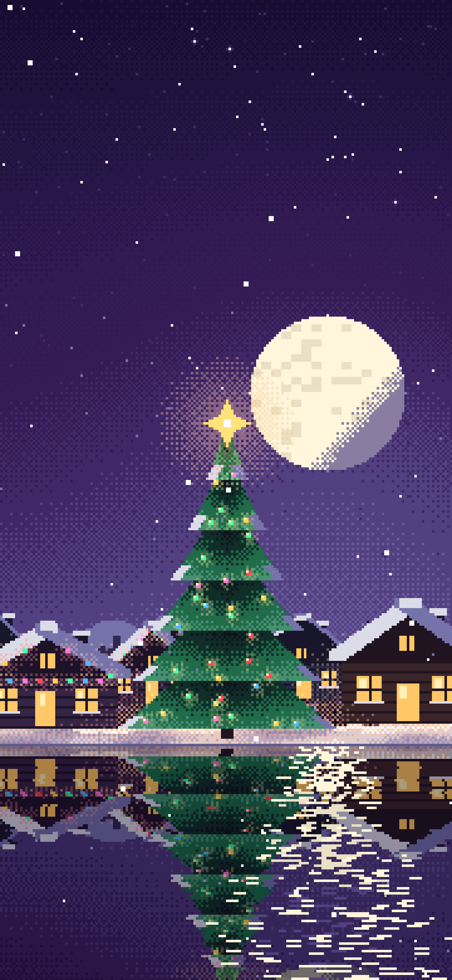 Dark Purple Pixel Art Christmas Village wallpaper for iPhone and Android