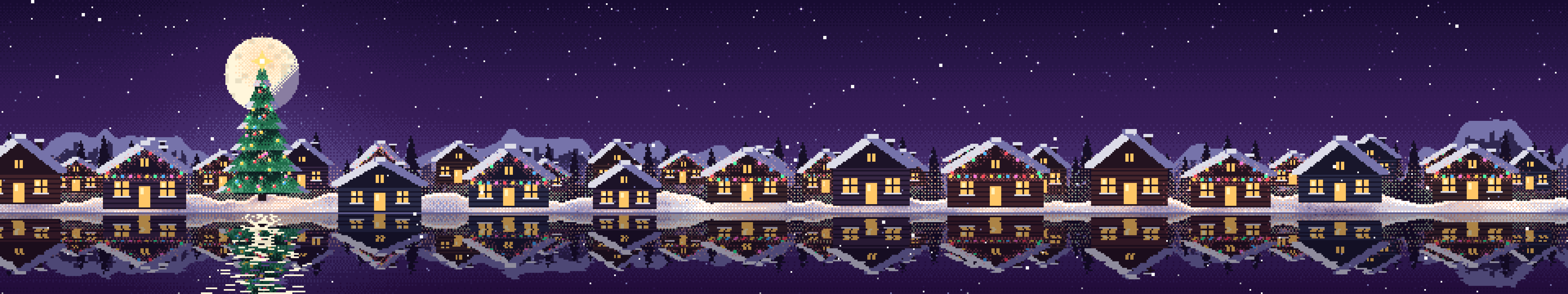 Dark Purple Pixel Art Christmas Village triple monitor wallpaper, 7680 × 1440