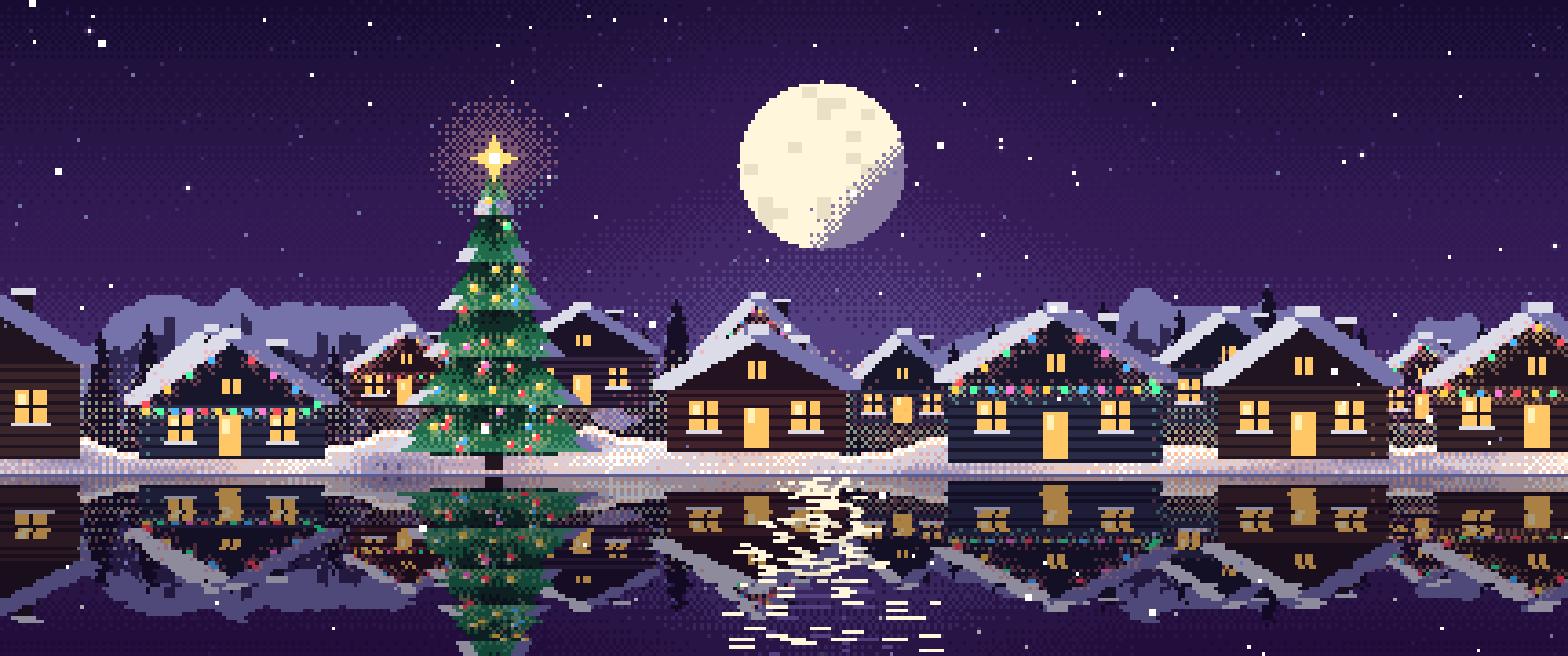 Dark Purple Pixel Art Christmas Village ultrawide wallpaper, 3440 × 1440