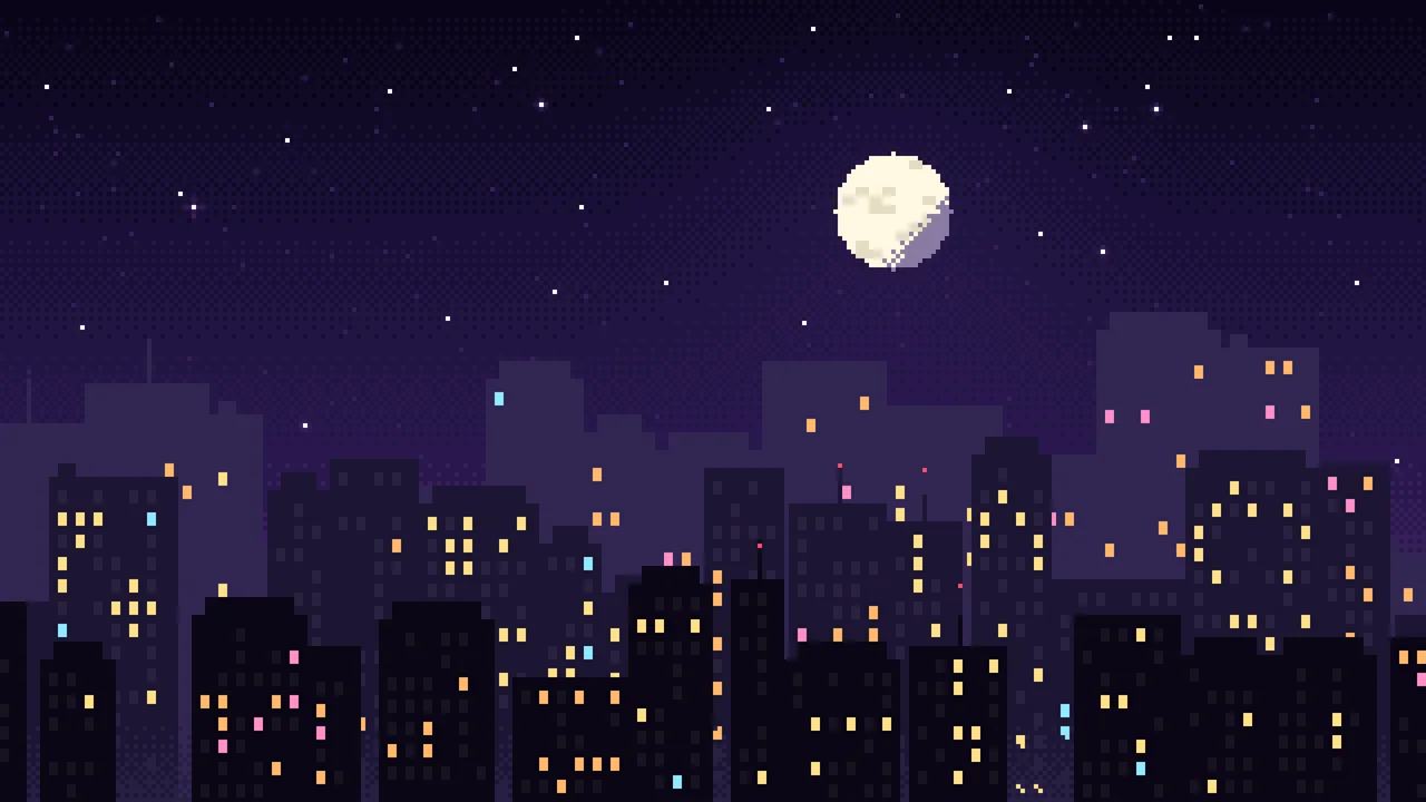 Dark Purple Pixel Art City desktop wallpaper in 4K