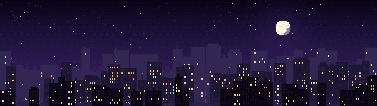 Dark Purple Pixel Art City dual monitor wallpaper, 7680 × 2160