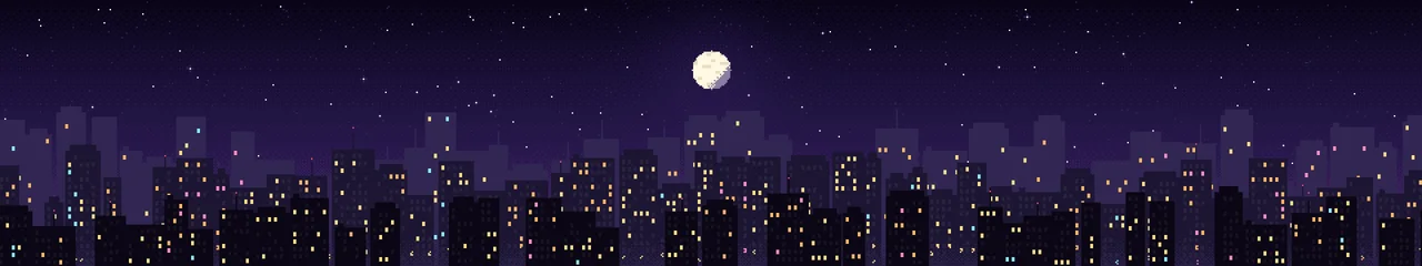 Dark Purple Pixel Art City triple monitor wallpaper, 7680 × 1440