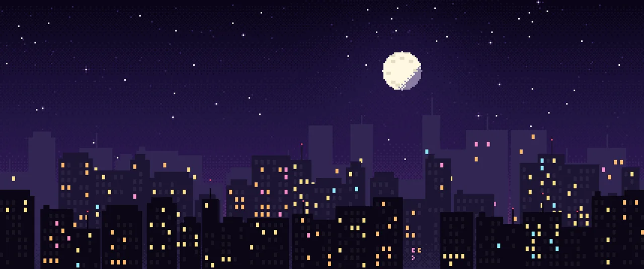 Dark Purple Pixel Art City ultrawide wallpaper, 3440 × 1440