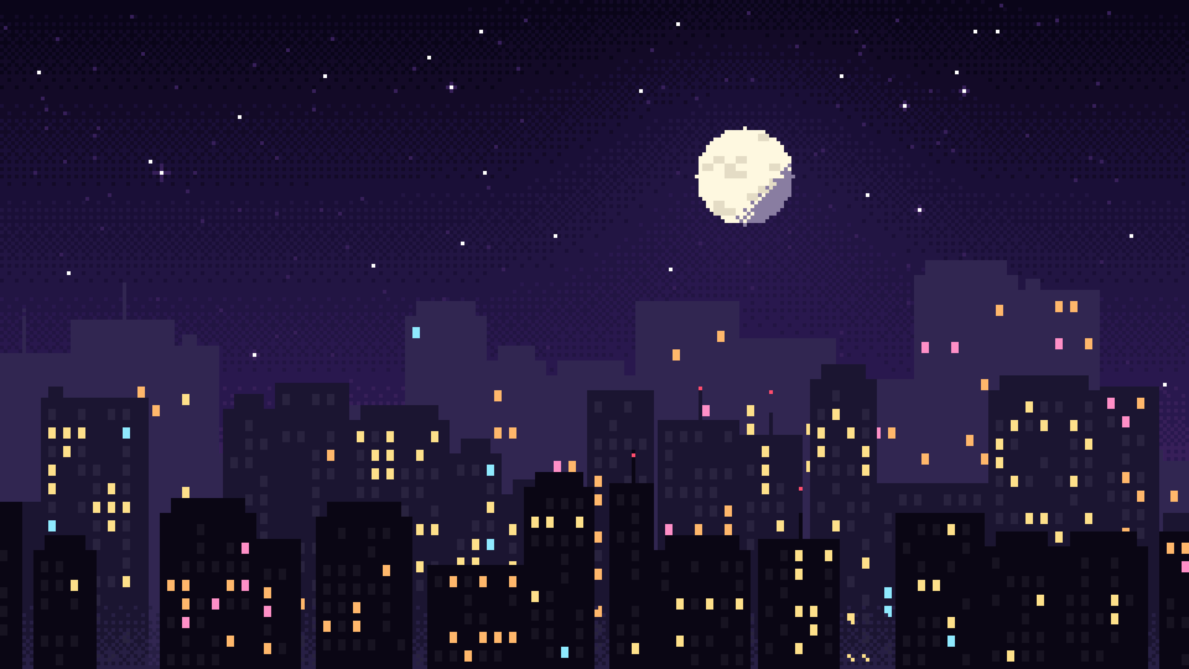 Dark Purple Pixel Art City desktop wallpaper in 4K