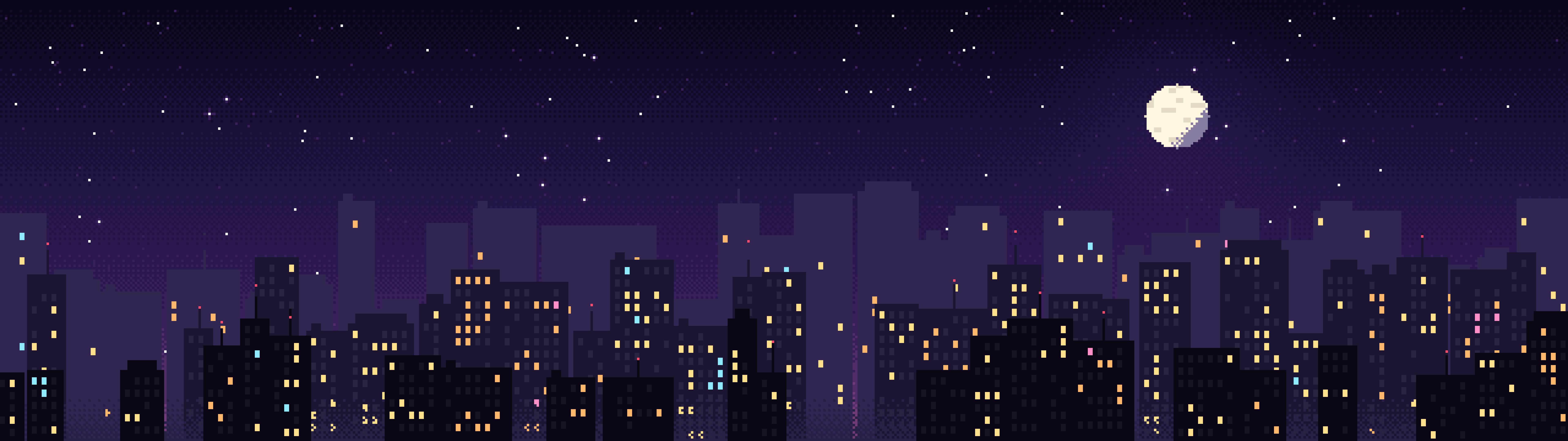 Dark Purple Pixel Art City dual monitor wallpaper, 7680 × 2160