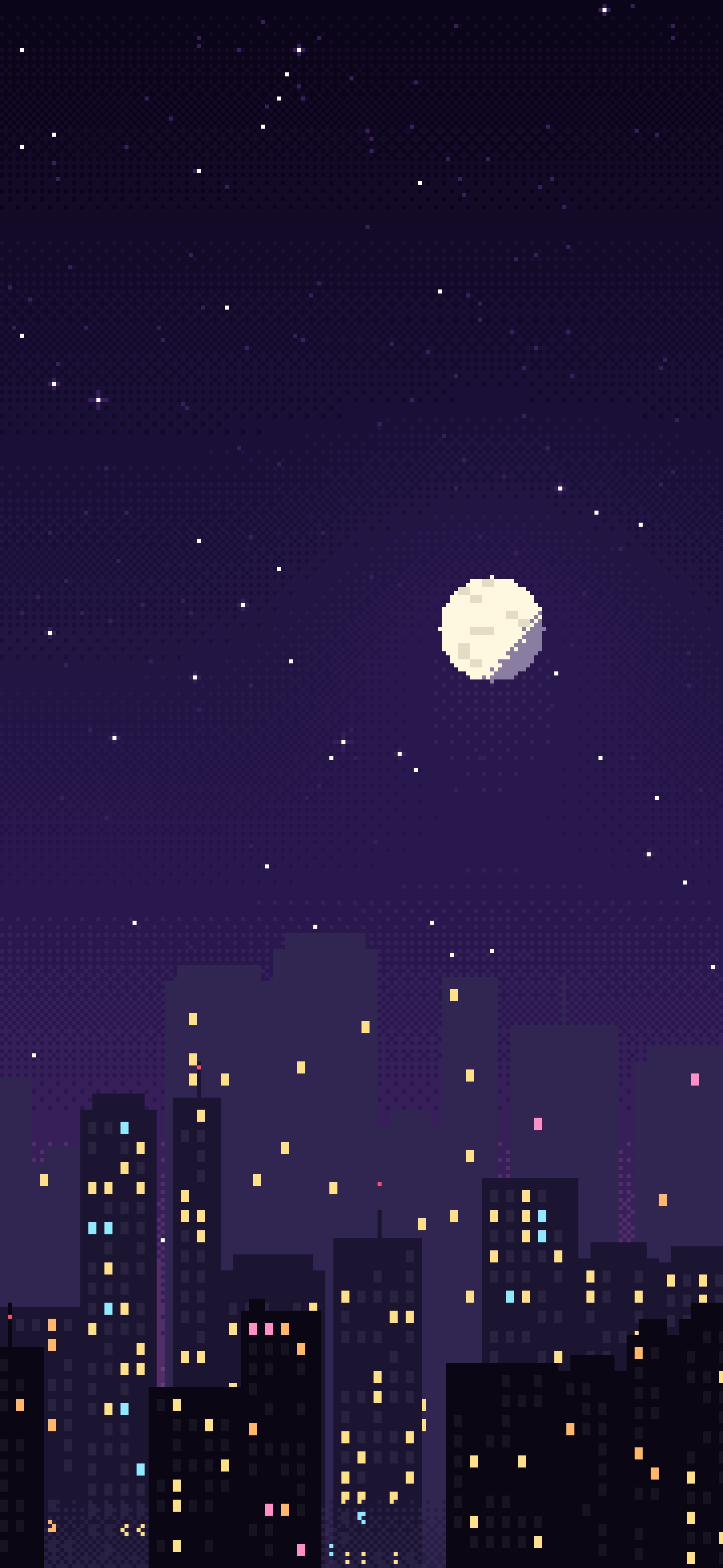 Dark Purple Pixel Art City wallpaper for iPhone and Android