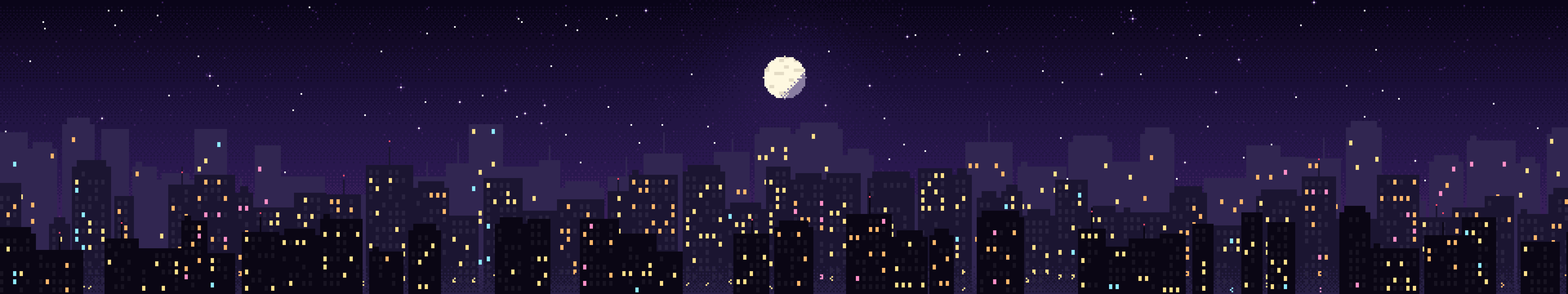 Dark Purple Pixel Art City triple monitor wallpaper, 7680 × 1440