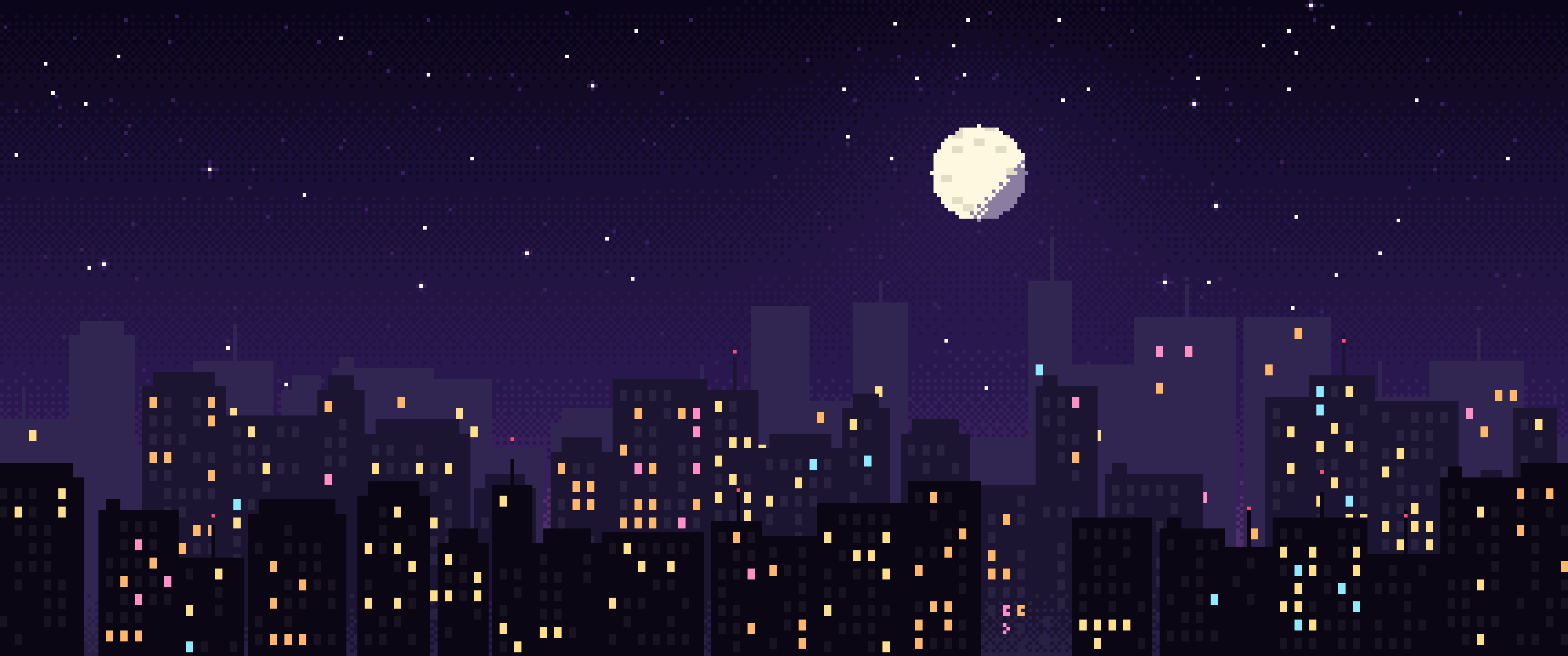Dark Purple Pixel Art City ultrawide wallpaper, 3440 × 1440