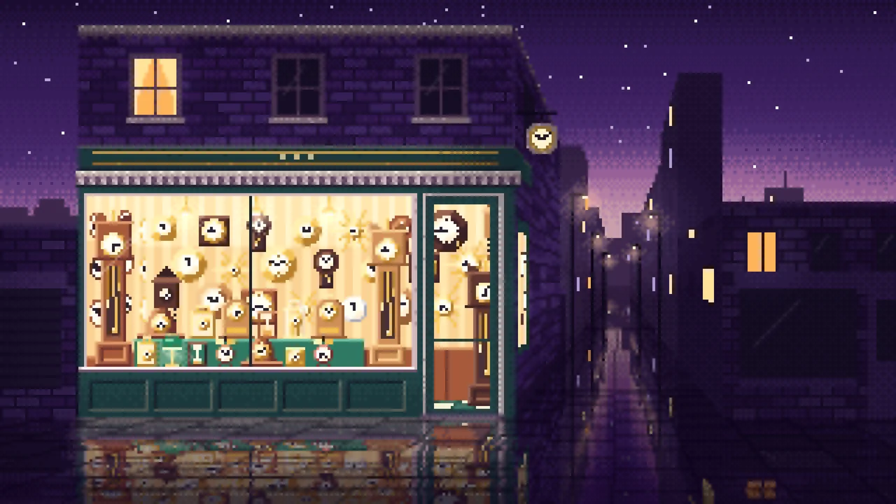 Dark Purple Pixel Art Clock Shop desktop wallpaper in 4K