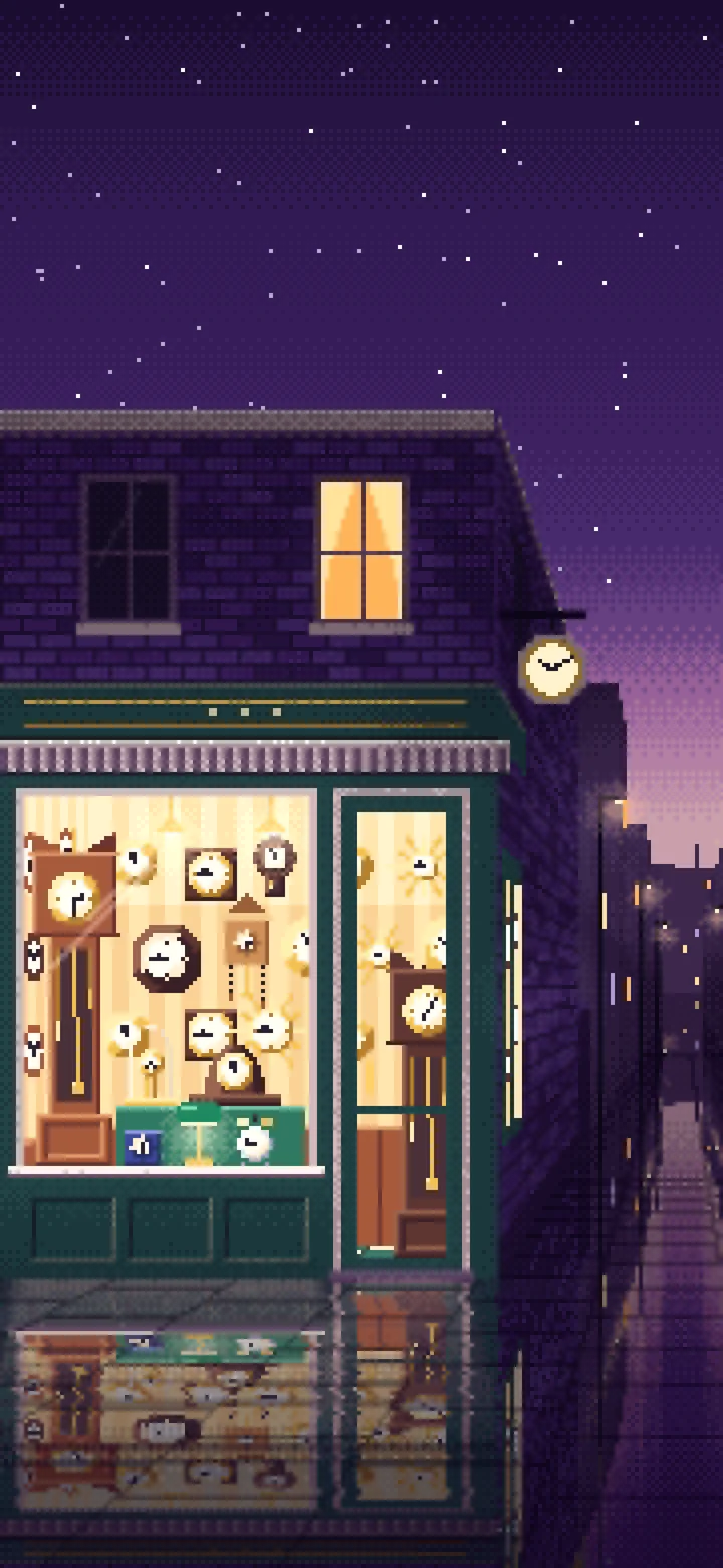 Dark Purple Pixel Art Clock Shop wallpaper for iPhone and Android