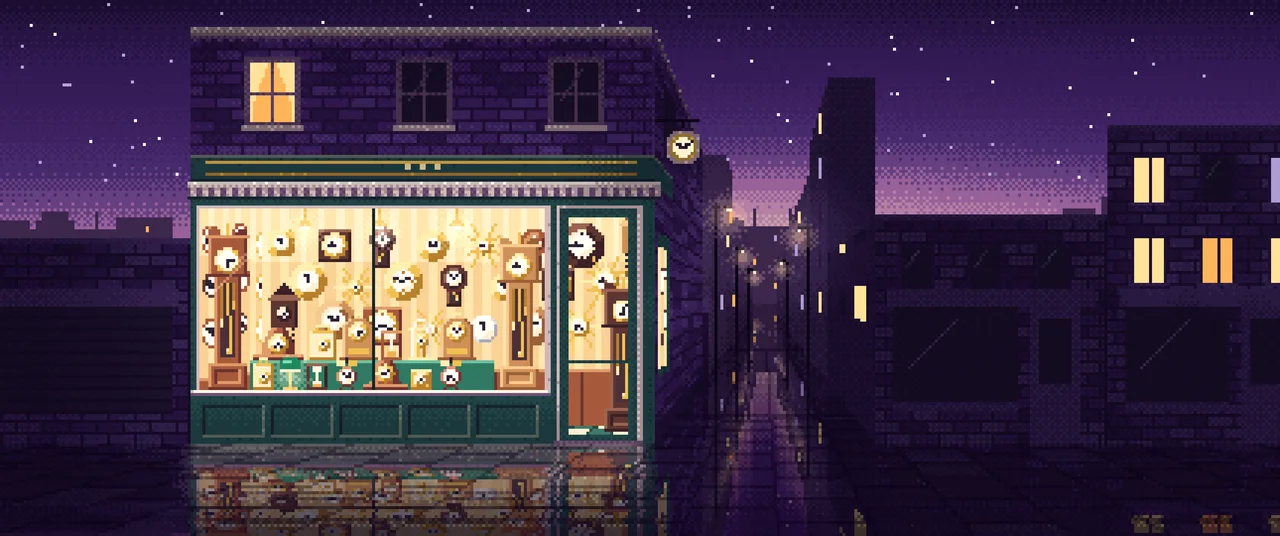 Dark Purple Pixel Art Clock Shop ultrawide wallpaper, 3440 × 1440