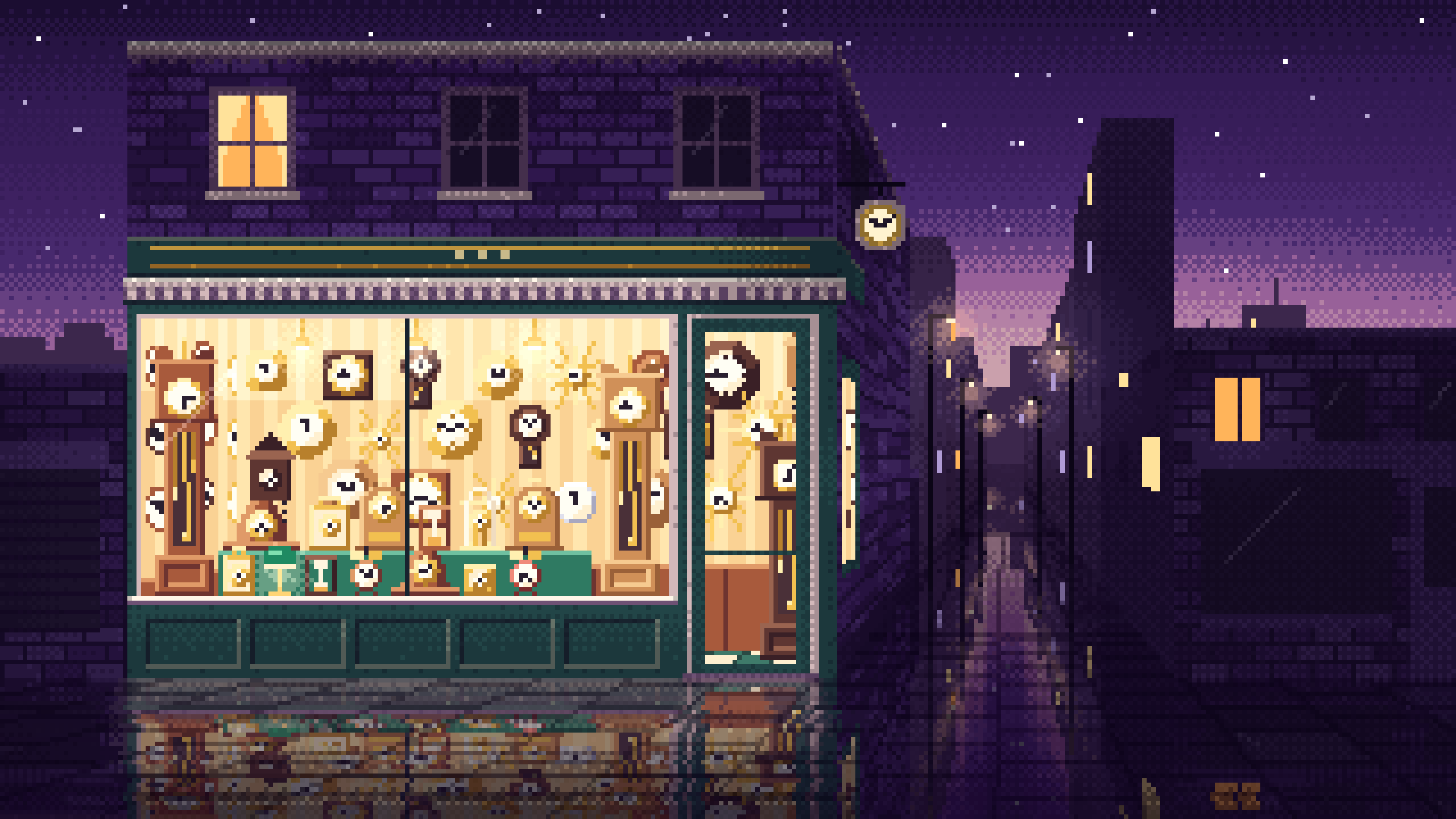 Dark Purple Pixel Art Clock Shop desktop wallpaper in 4K