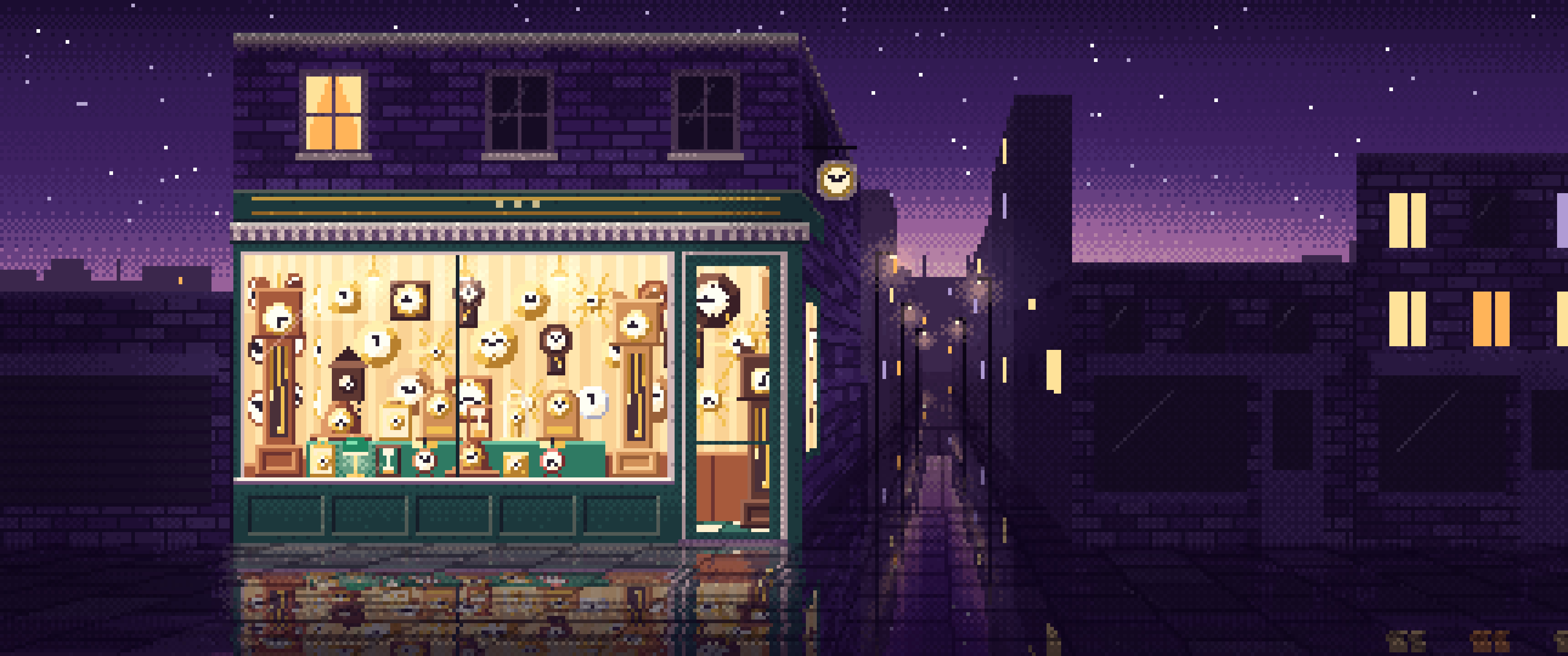 Dark Purple Pixel Art Clock Shop ultrawide wallpaper, 3440 × 1440