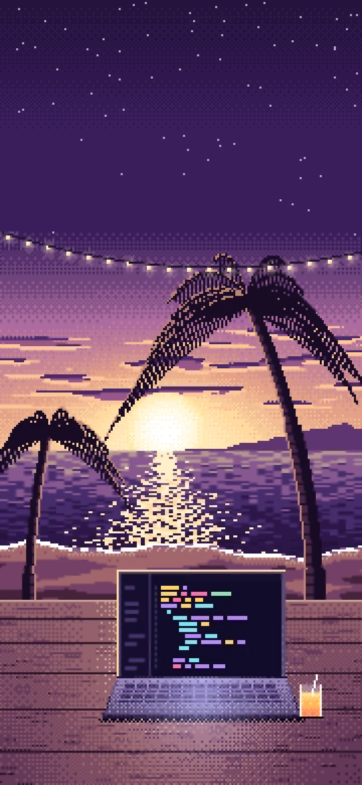 Dark Purple Pixel Art Coding at the Beach at Sunset wallpaper for iPhone and Android