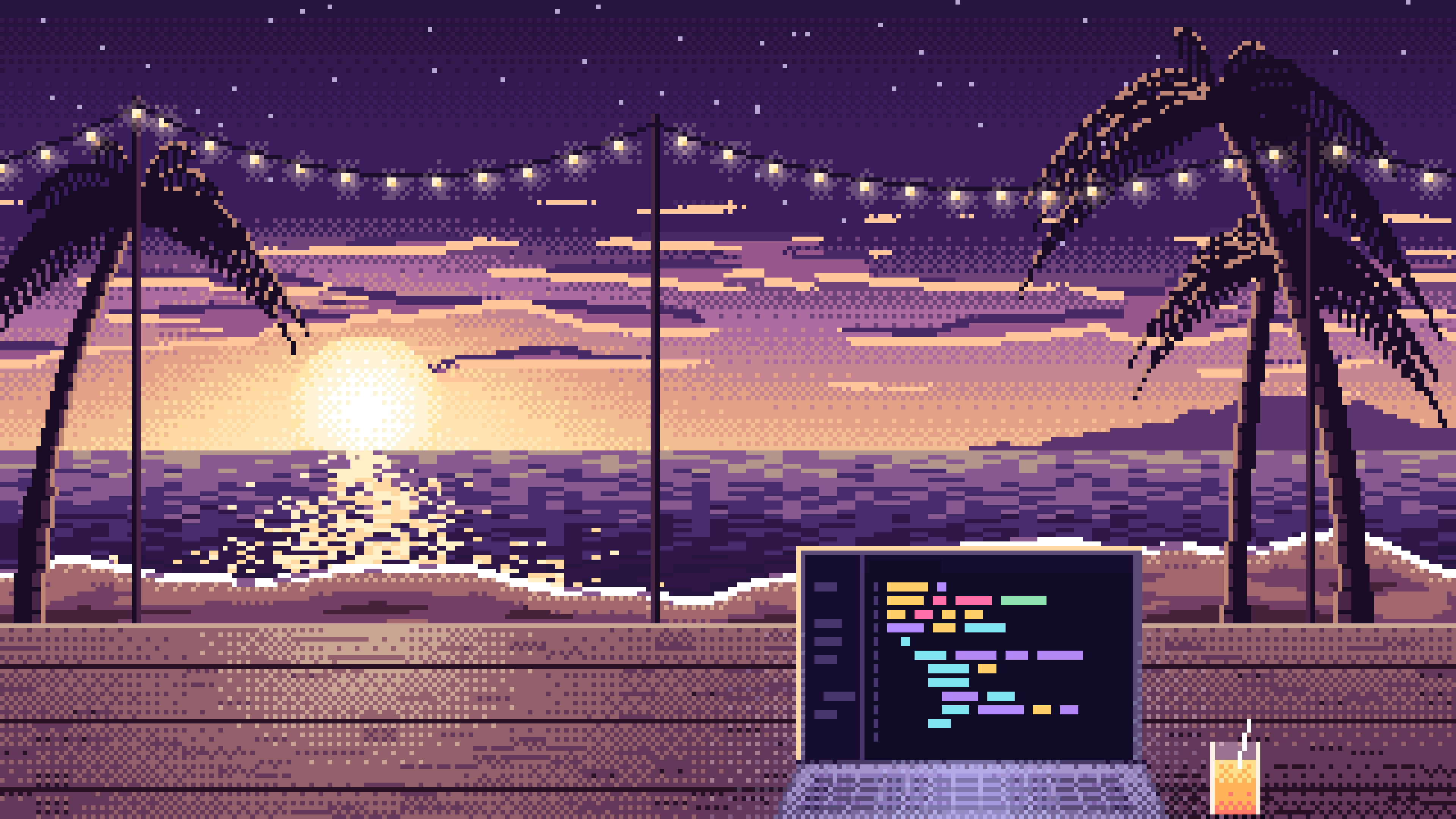 Dark Purple Pixel Art Coding at the Beach at Sunset desktop wallpaper in 4K
