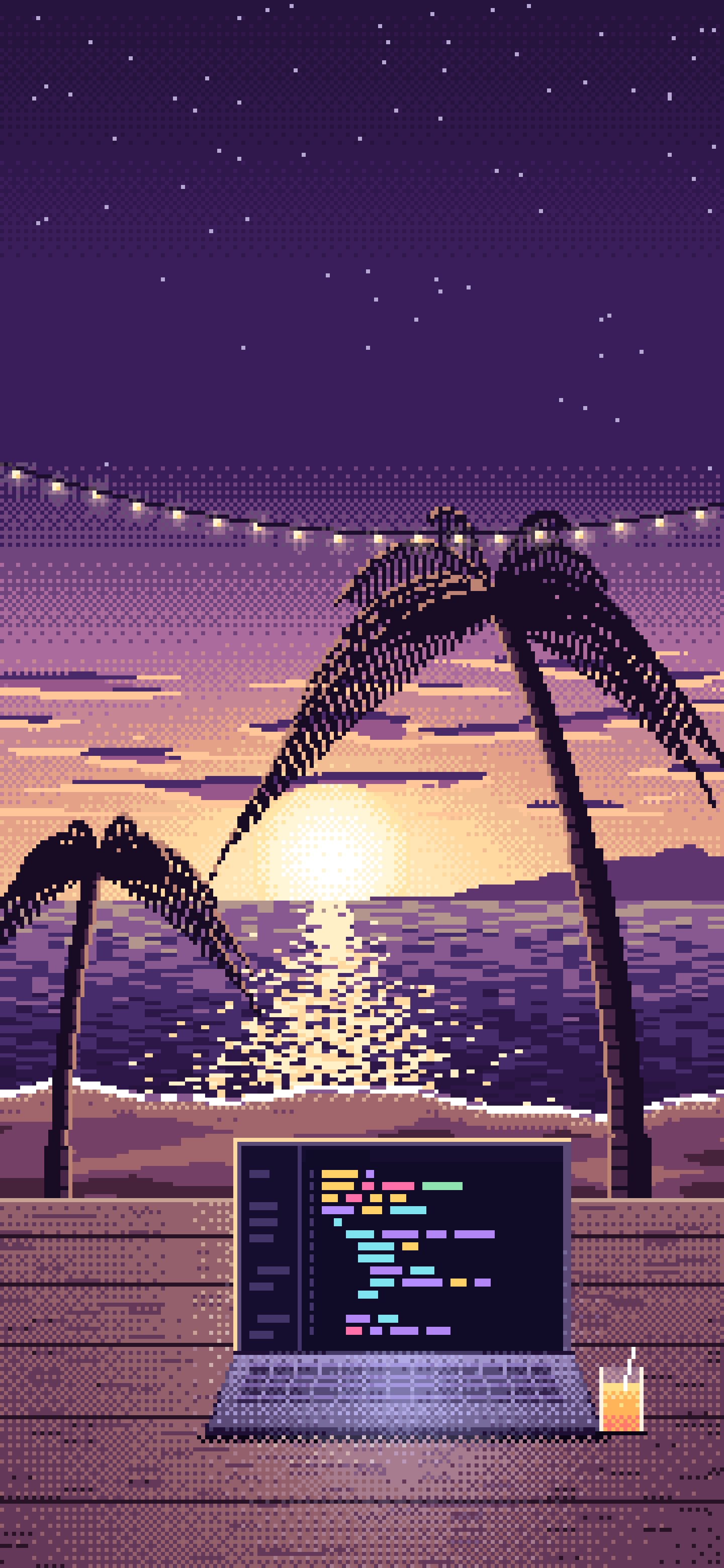 Dark Purple Pixel Art Coding at the Beach at Sunset wallpaper for iPhone and Android