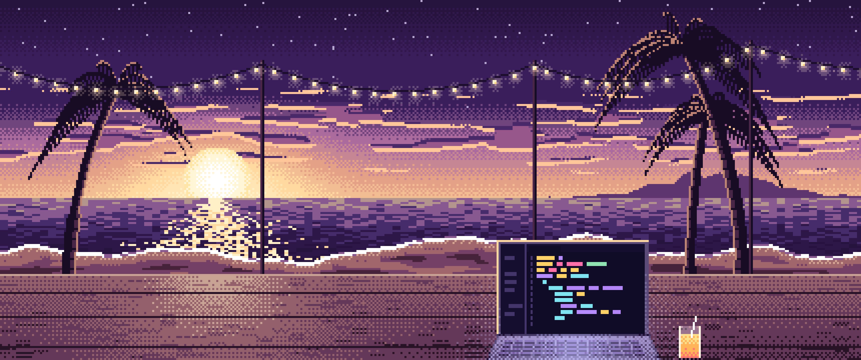 Dark Purple Pixel Art Coding at the Beach at Sunset ultrawide wallpaper, 3440 × 1440