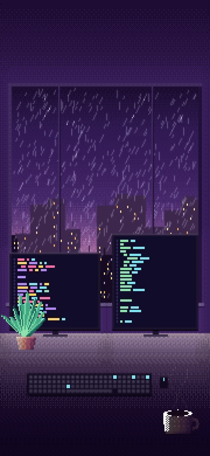 Dark Purple Pixel Art Coding Desk wallpaper for iPhone and Android