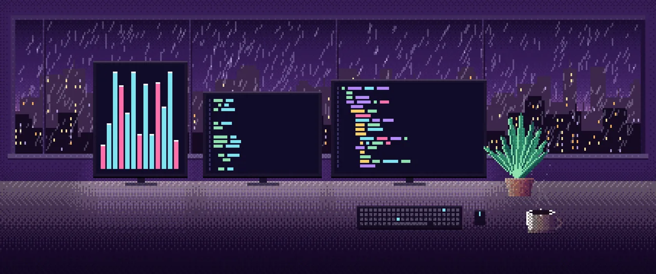 Dark Purple Pixel Art Coding Desk ultrawide wallpaper, 3440 × 1440