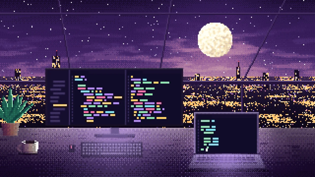 Dark Purple Pixel Art Coding Desk Under a Skylight desktop wallpaper in 4K