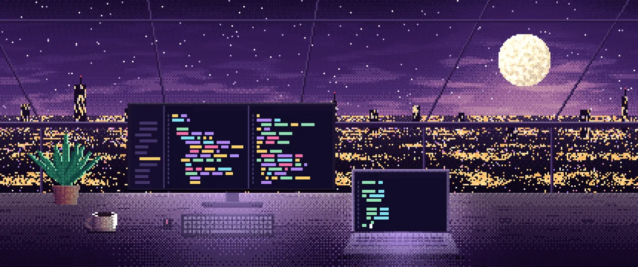 Dark Purple Pixel Art Coding Desk Under a Skylight ultrawide wallpaper, 3440 × 1440
