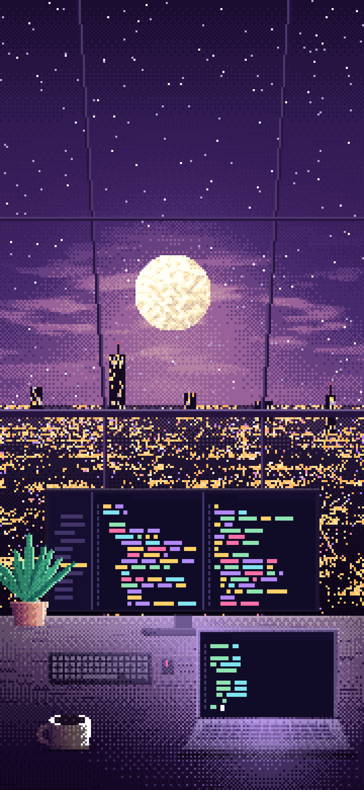 Dark Purple Pixel Art Coding Desk Under a Skylight wallpaper for iPhone and Android