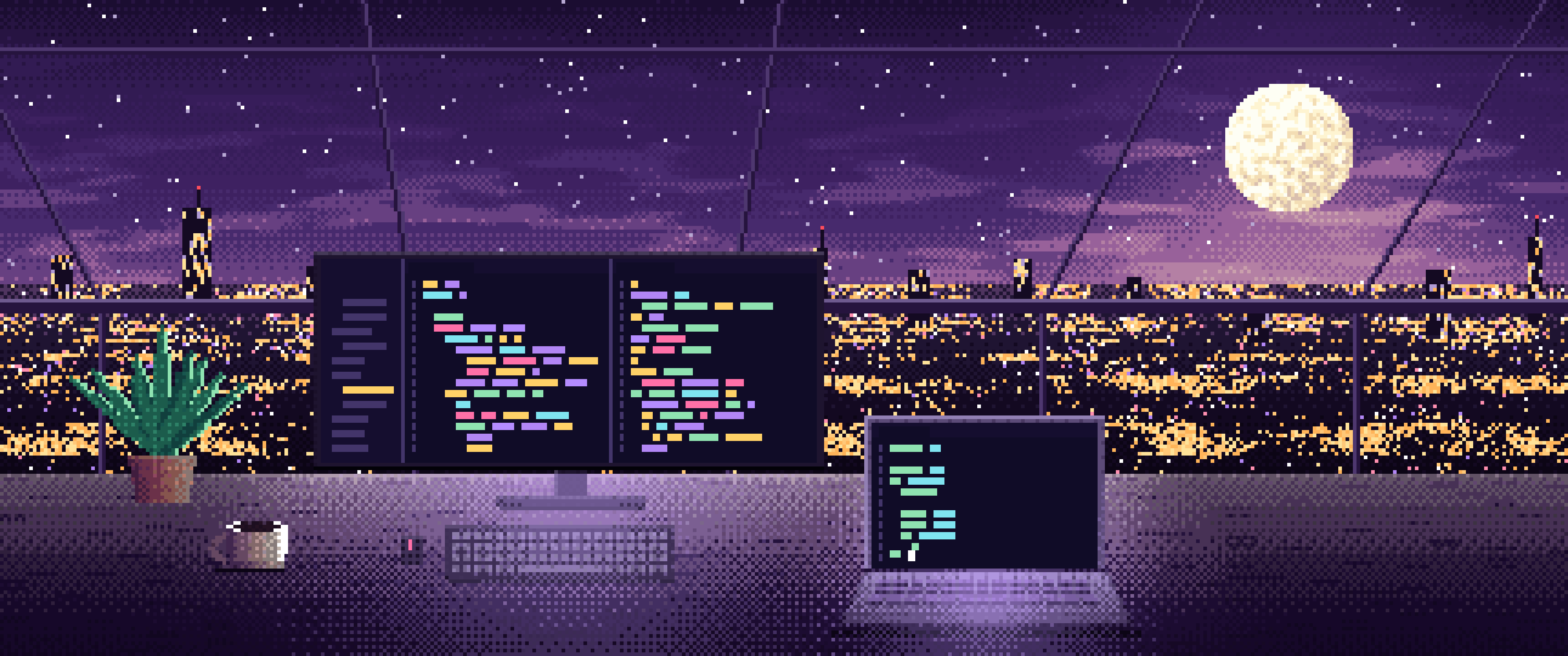 Dark Purple Pixel Art Coding Desk Under a Skylight ultrawide wallpaper, 3440 × 1440