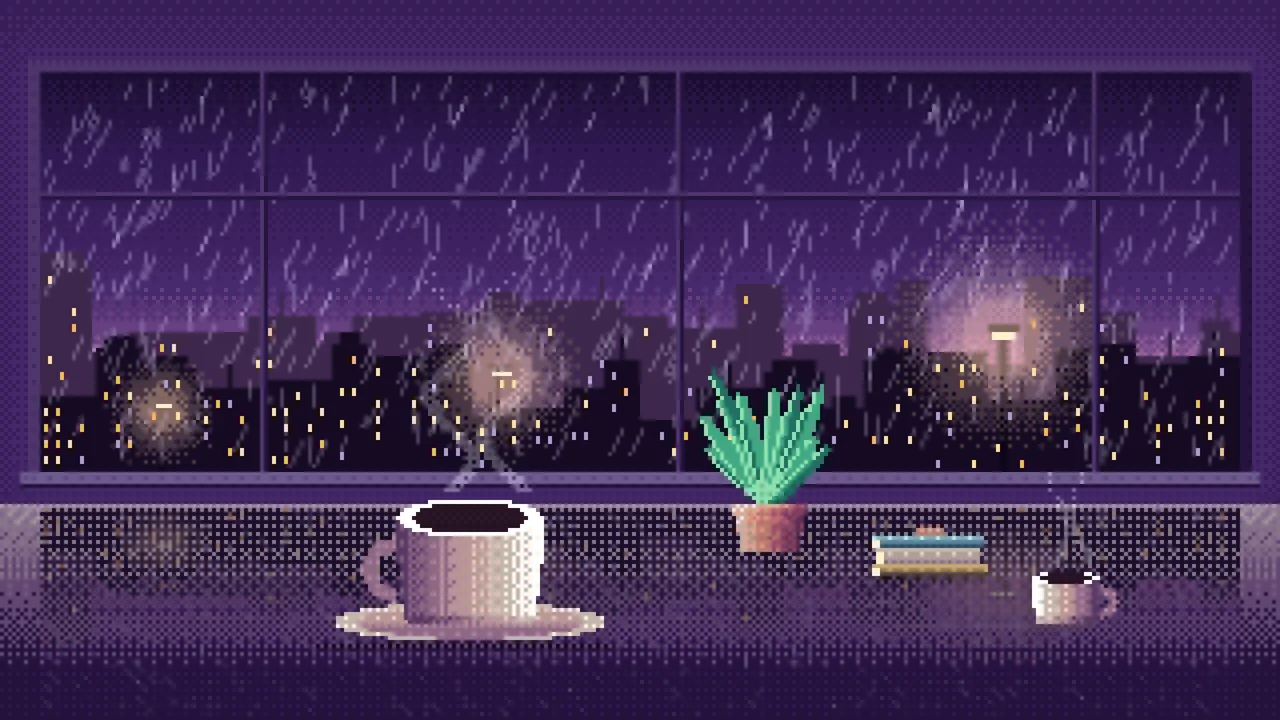Dark Purple Pixel Art Coffee by a Rainy Window desktop wallpaper in 4K