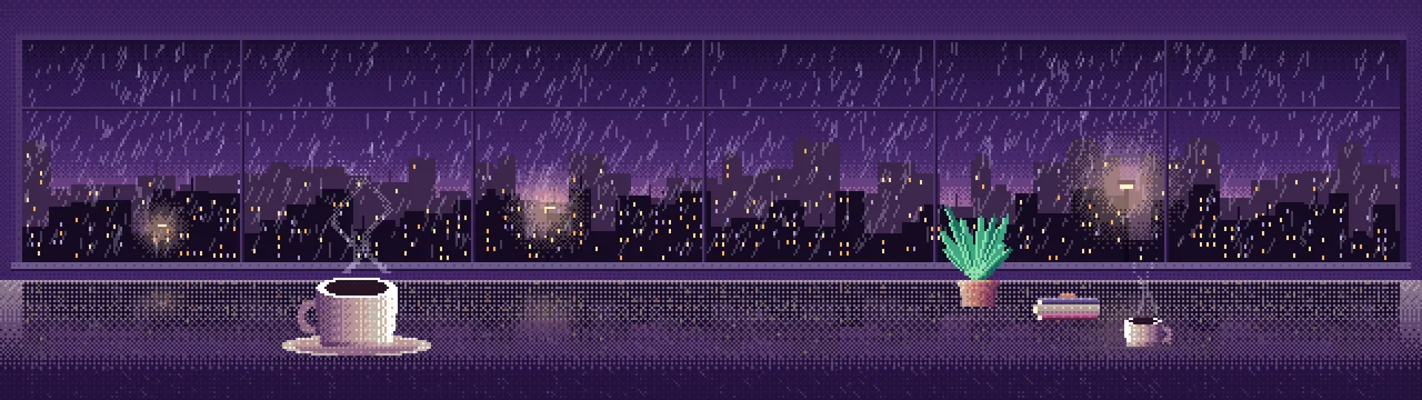 Dark Purple Pixel Art Coffee by a Rainy Window dual monitor wallpaper, 7680 × 2160
