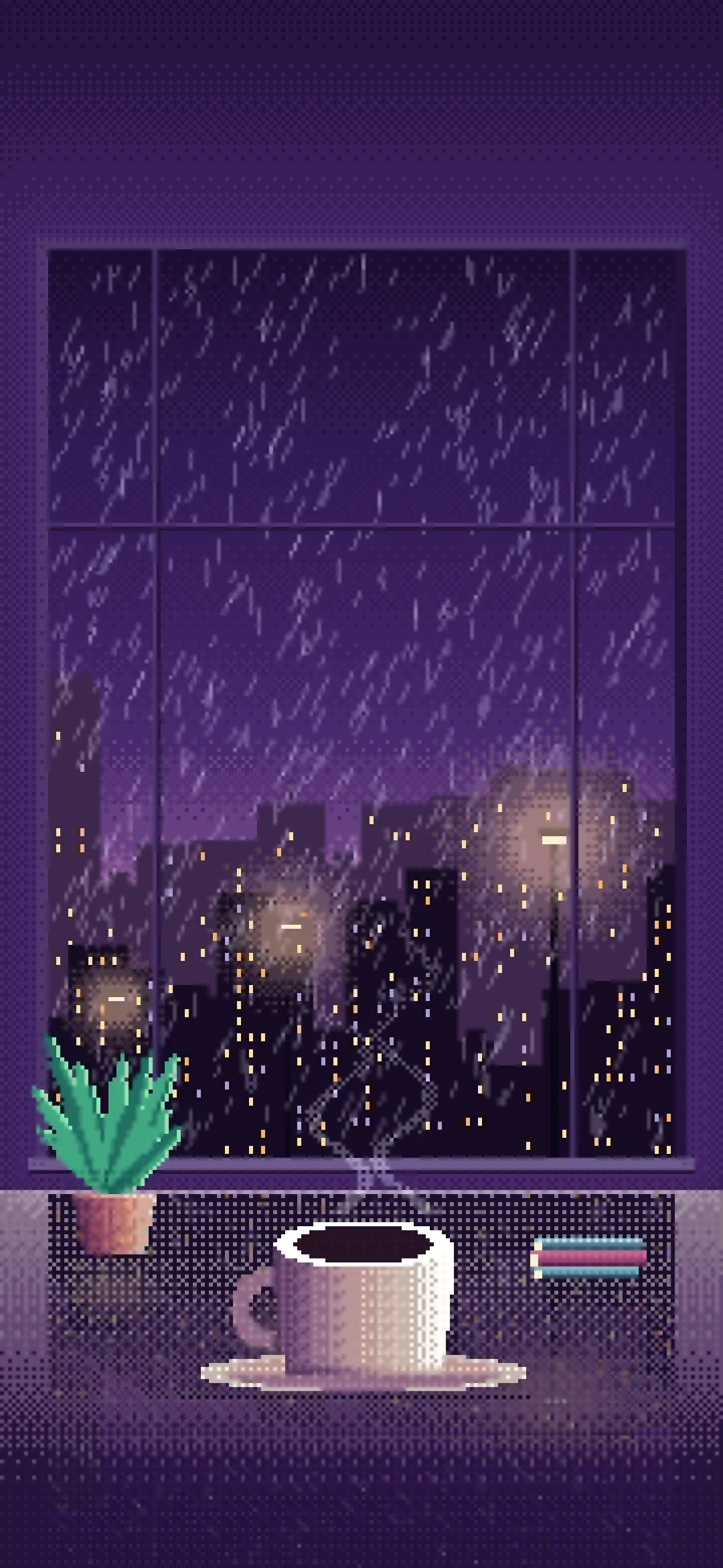 Dark Purple Pixel Art Coffee by a Rainy Window wallpaper for iPhone and Android