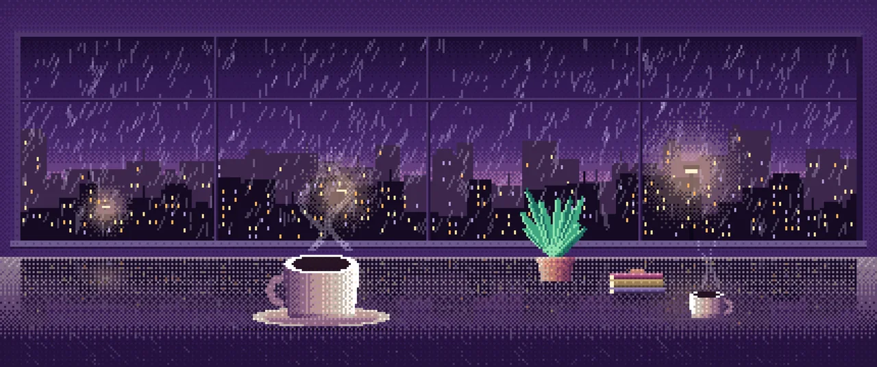 Dark Purple Pixel Art Coffee by a Rainy Window ultrawide wallpaper, 3440 × 1440