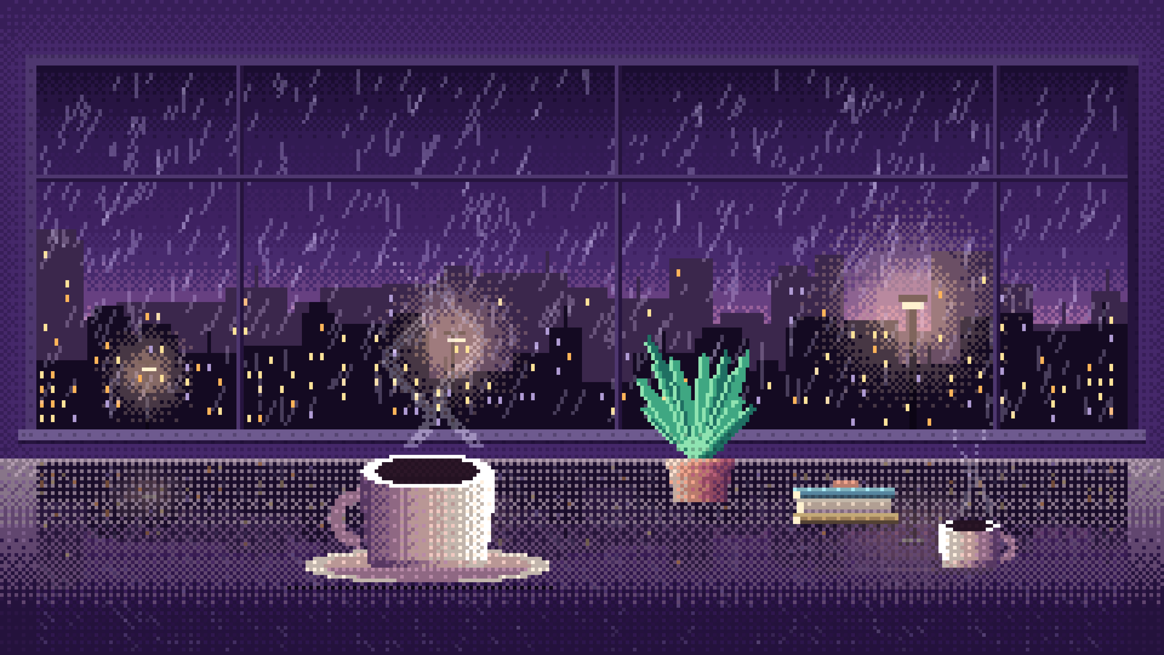 Dark Purple Pixel Art Coffee by a Rainy Window desktop wallpaper in 4K