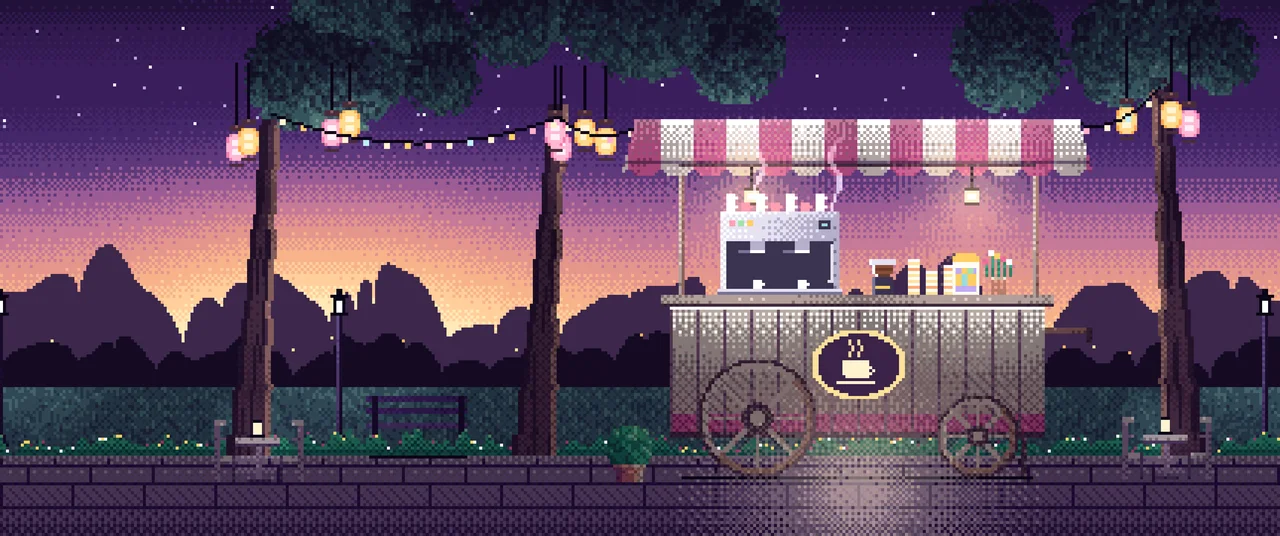 Dark Purple Pixel Art Coffee Cart at Dusk ultrawide wallpaper, 3440 × 1440