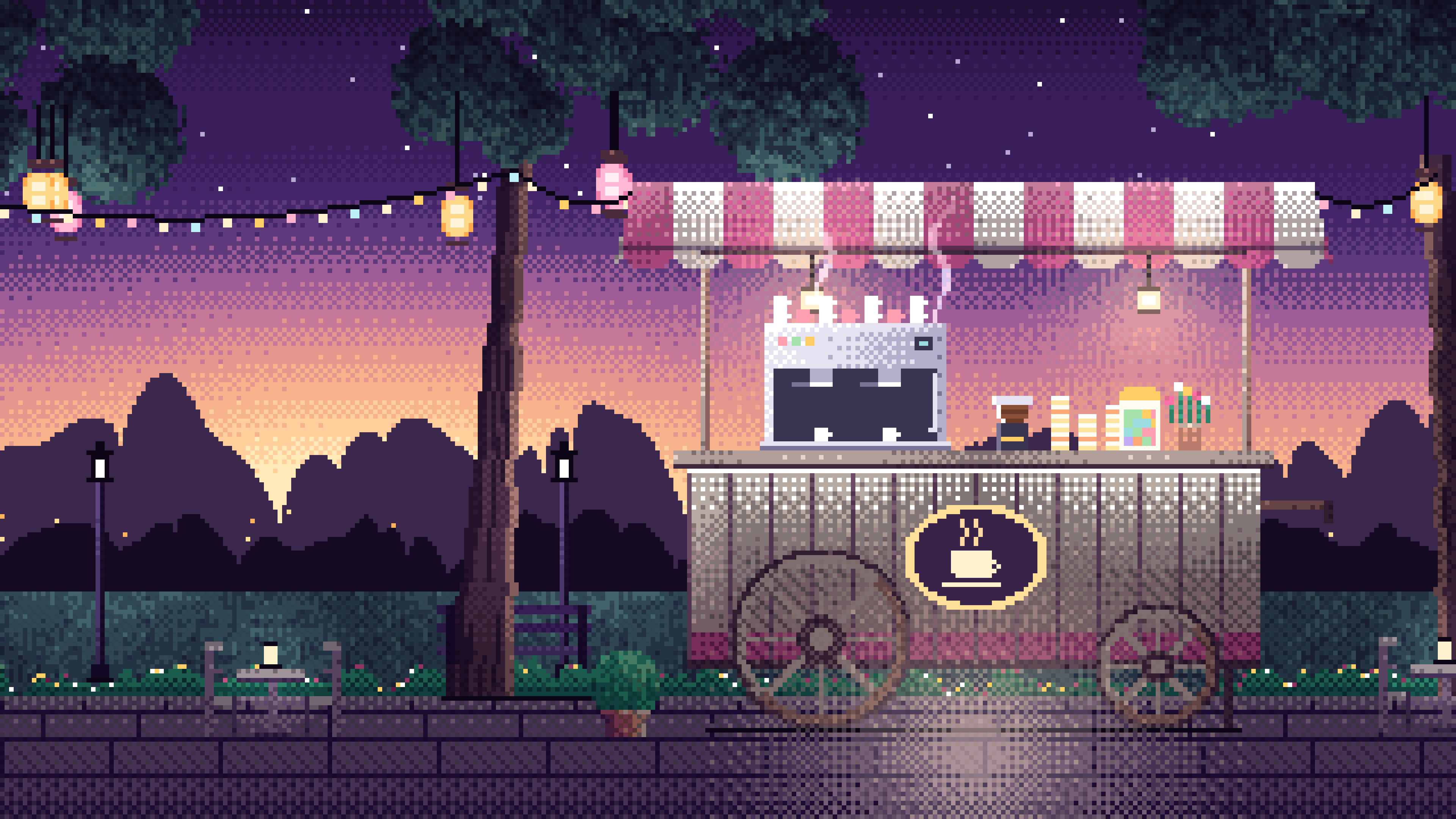Dark Purple Pixel Art Coffee Cart at Dusk desktop wallpaper in 4K