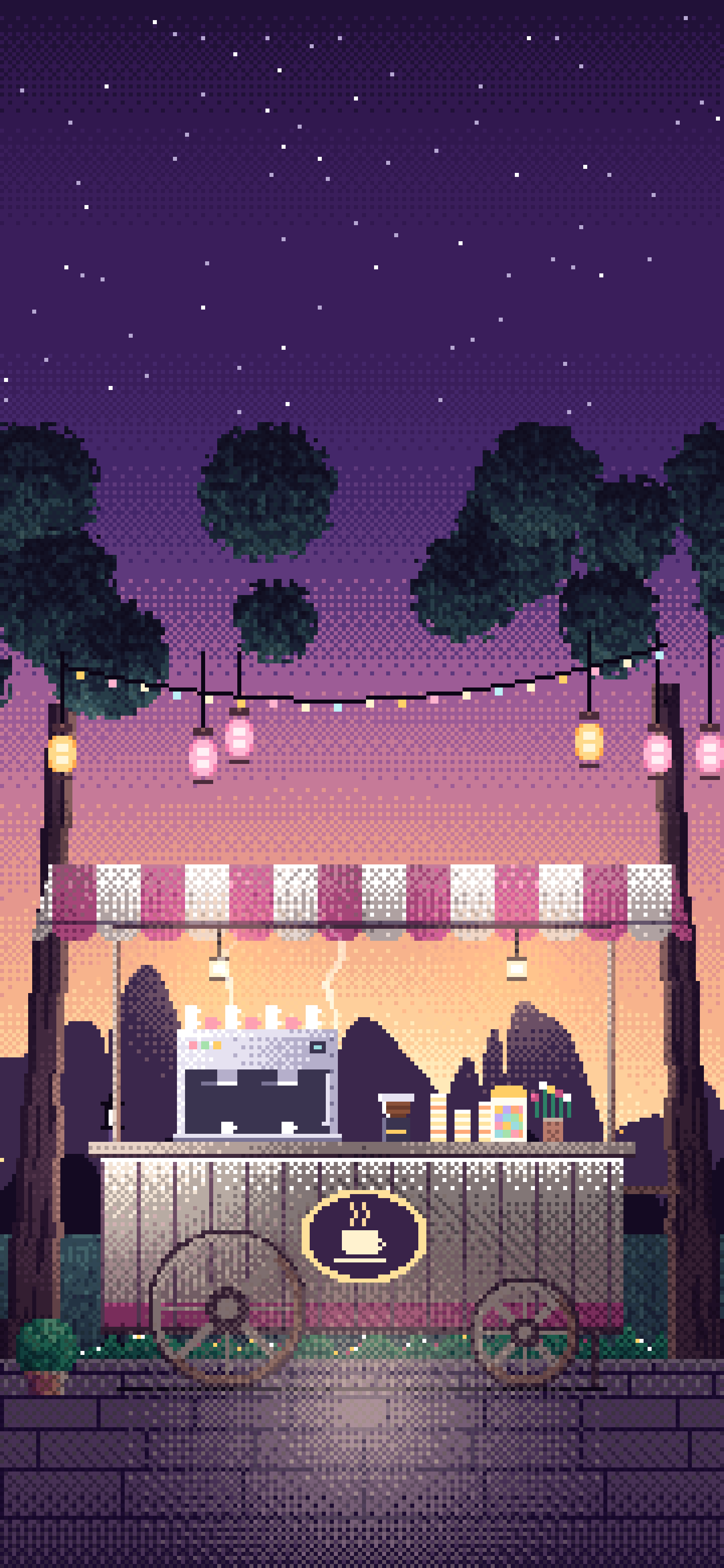 Dark Purple Pixel Art Coffee Cart at Dusk wallpaper for iPhone and Android