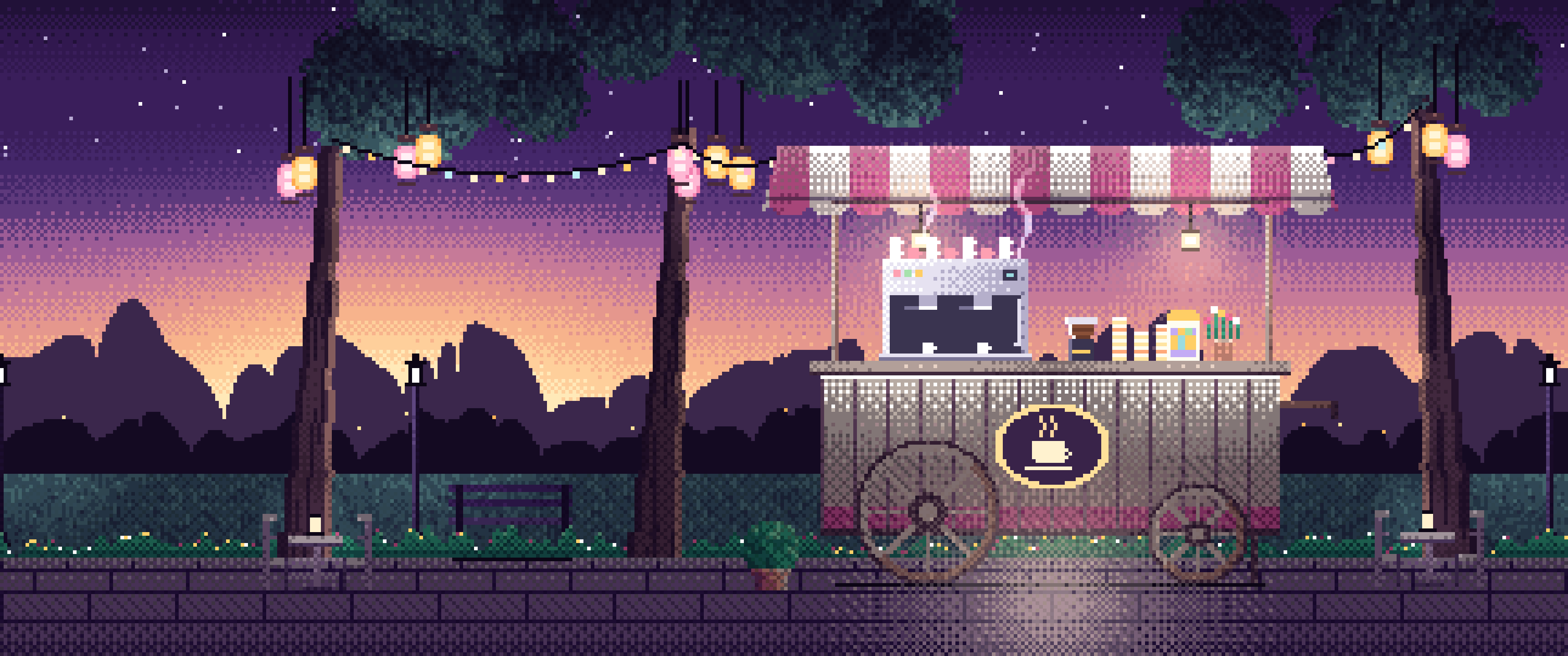 Dark Purple Pixel Art Coffee Cart at Dusk ultrawide wallpaper, 3440 × 1440